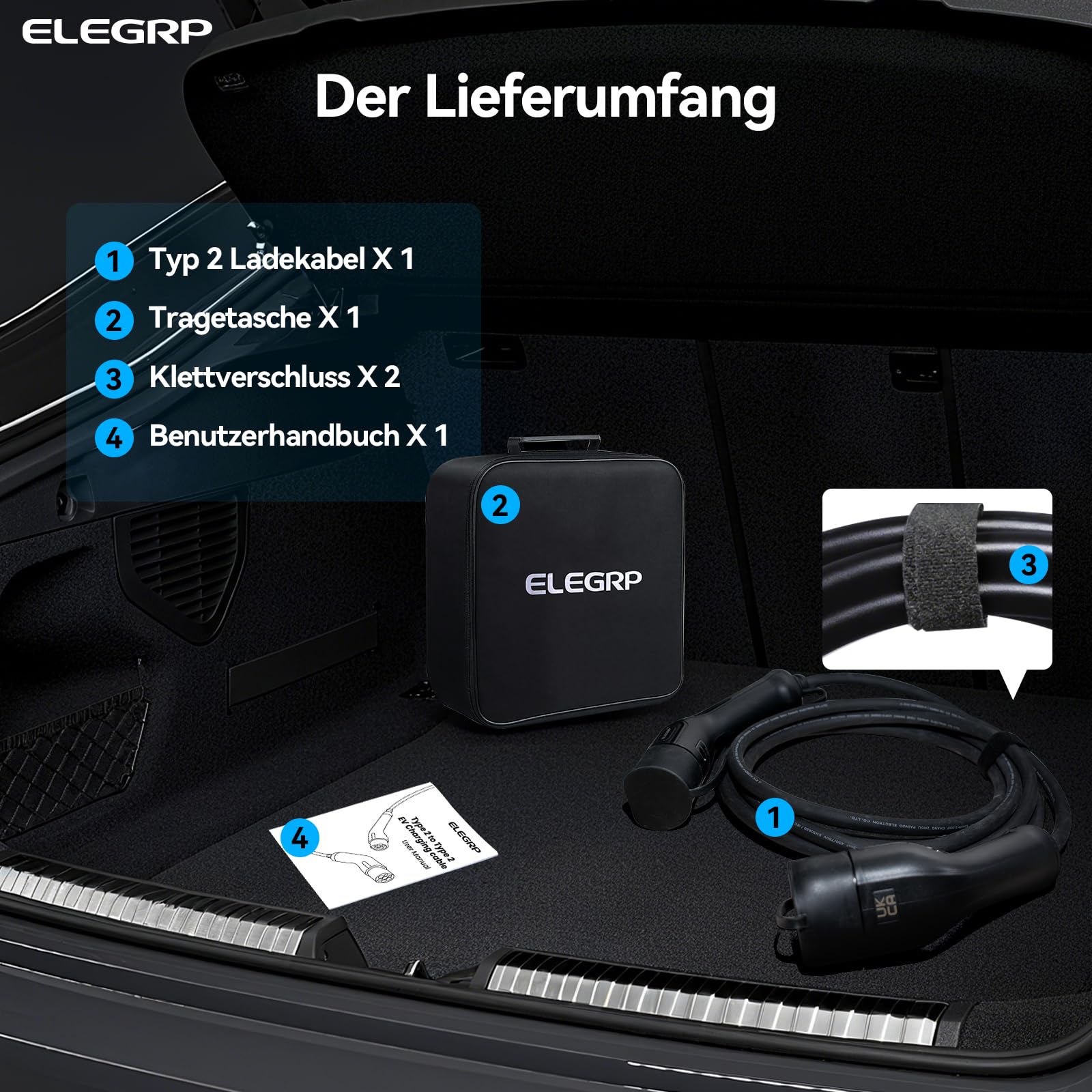 ELEGRP Typ 2 Ladekabel, 22kW 7M 32A 3-Phasig, Typ 2 auf Typ 2 Mode 3 Ladekabel für Elektroauto EV/PHEV mit Tragetasche, Geeignet für Model S/3/X/Y, VW ID.3 ID.4 e-Golf und andere EV