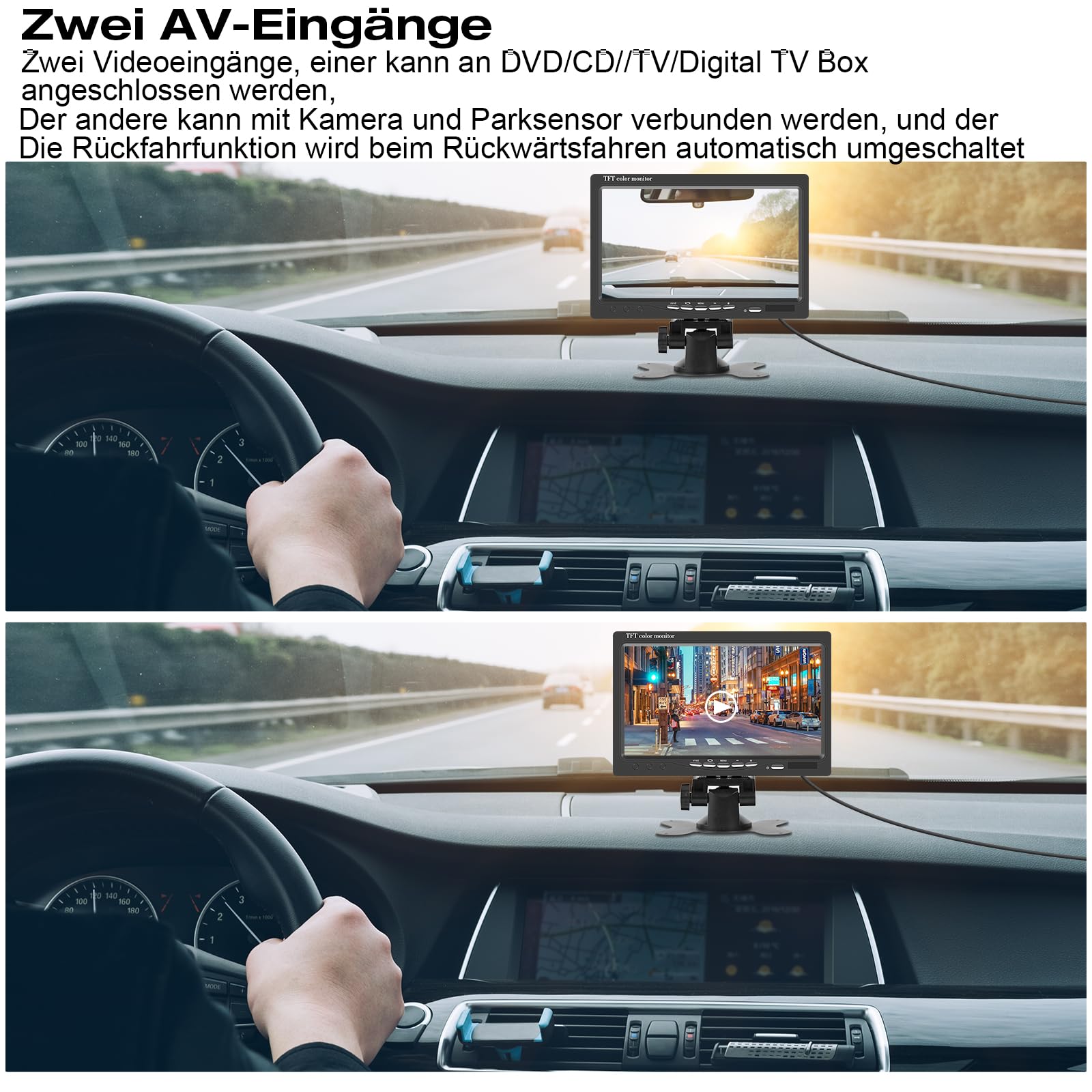 AISHICHEN Moniteur de Vision Arrière 7" TFT LCD pour Système de Caméra - Écran pour Berline, SUV, Van avec Deux Entrées Vidéo - Alimentation 12V/24V