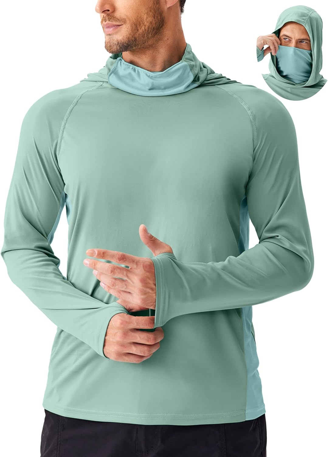 PINSPARK Men's Sun Protection Hoodie with Mask UPF 50+ UV Long Sleeve Shirt Men Rash Guard Performance Fishing Hiking Shirt