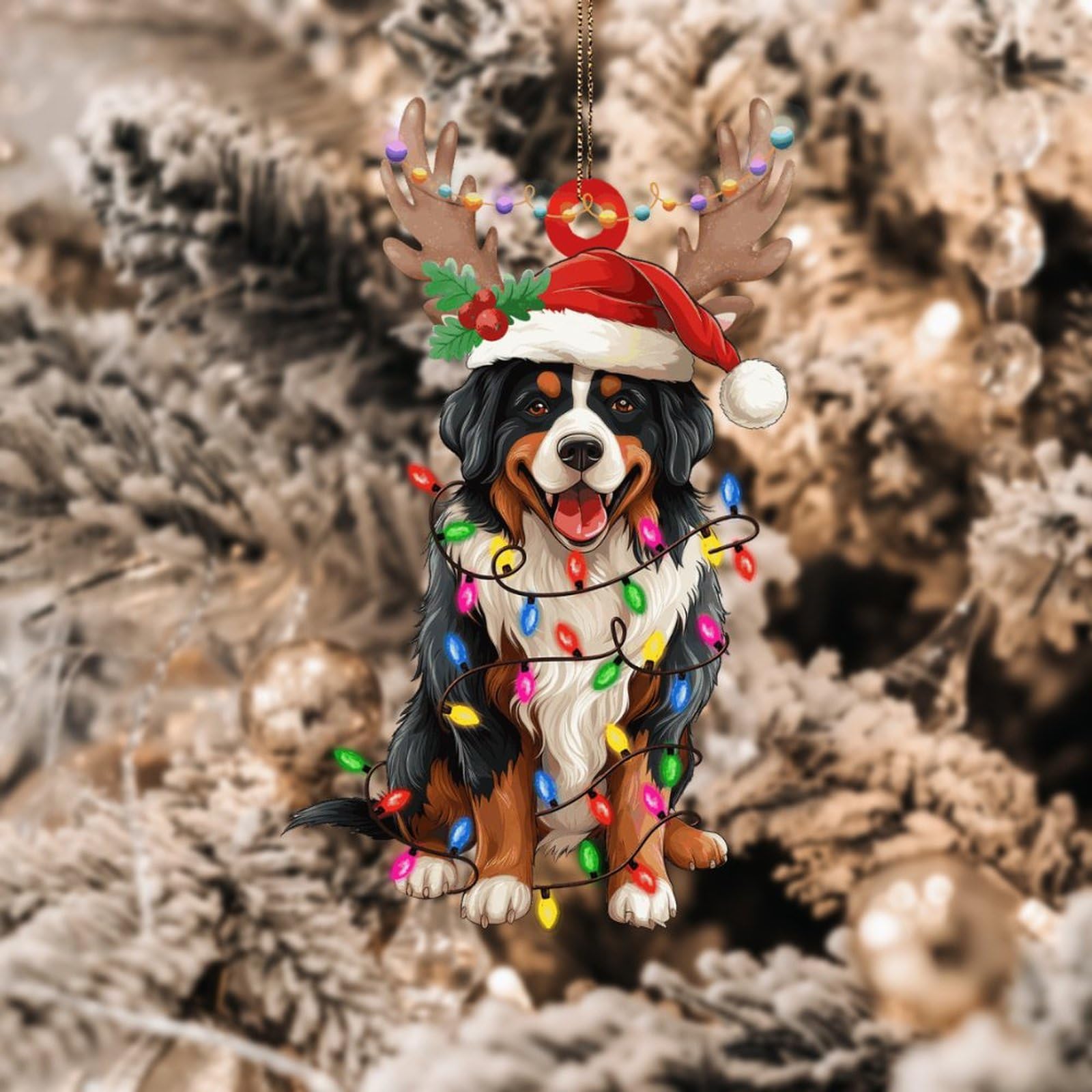 Podbyyou Bernese Mountain Dog Christmas Tree Ornaments Lanterns Christmas Antlers Novelty Acrylic Ornaments Gift For Dog Lover Funny Christmas Hanging Decor 4In