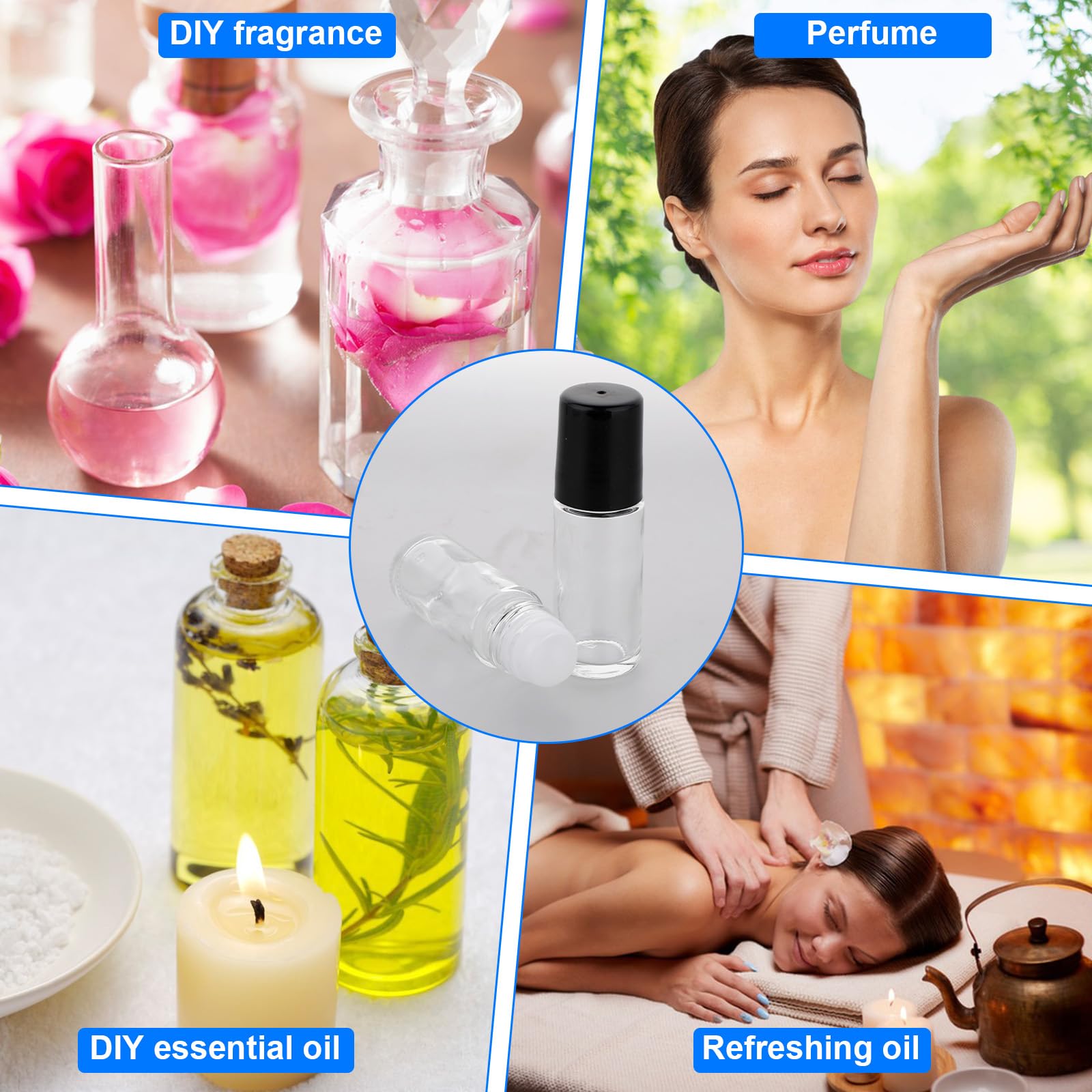 Grevosea 2 bottiglie a rullo, in vetro trasparente nero con sfera a rullo in plastica e coperchio nero, vuote, in vetro, per oli essenziali, 30 ml, ricaricabili, contenitori cosmetici per profumi, oli