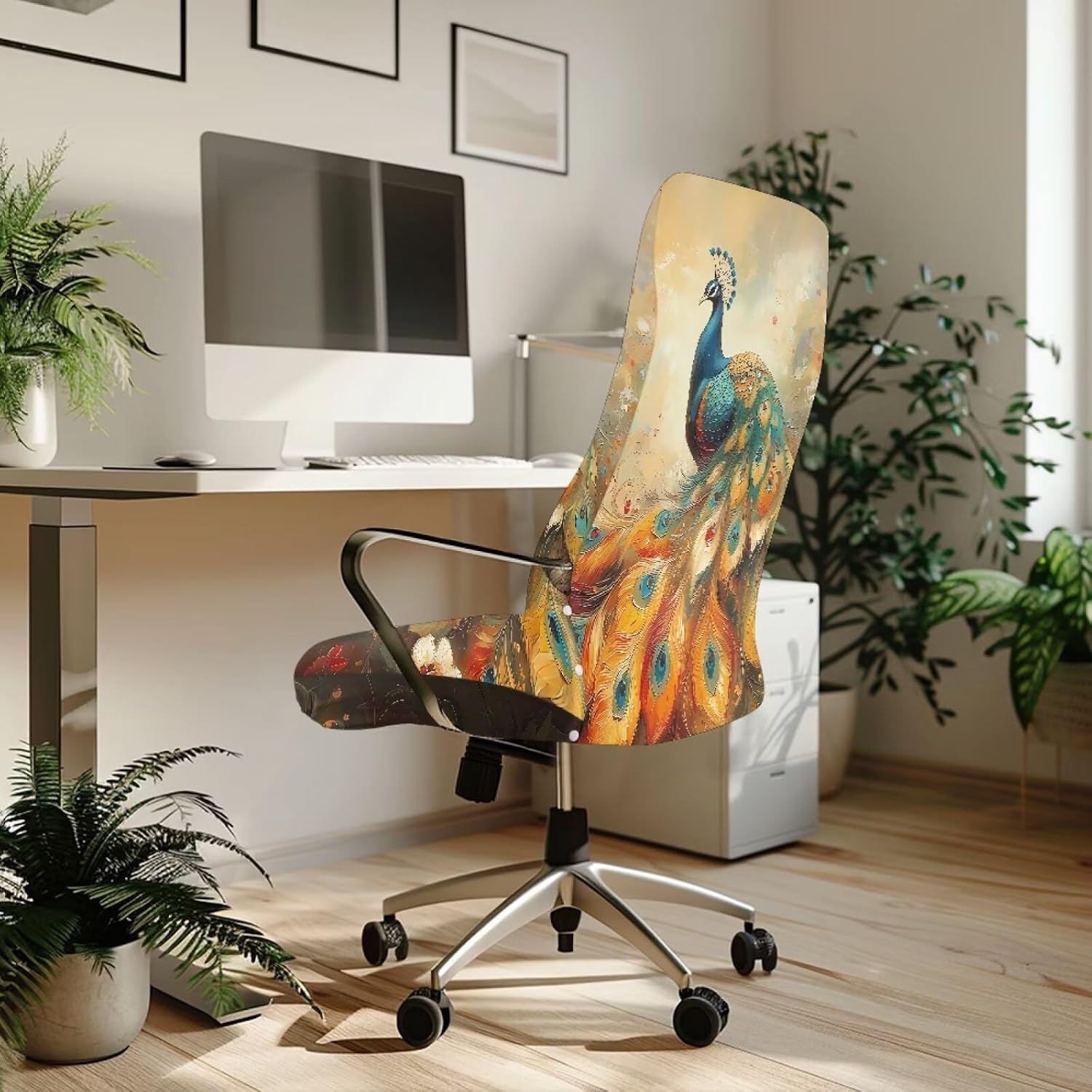 Peacock Floral Oil Painting Print Office Chair Cover, Modern Rotating Chair Covers with Elastic Bottom Universal High Back Chair Slipcover Washable Desk Chair Seat Protector for Offices-L image 3