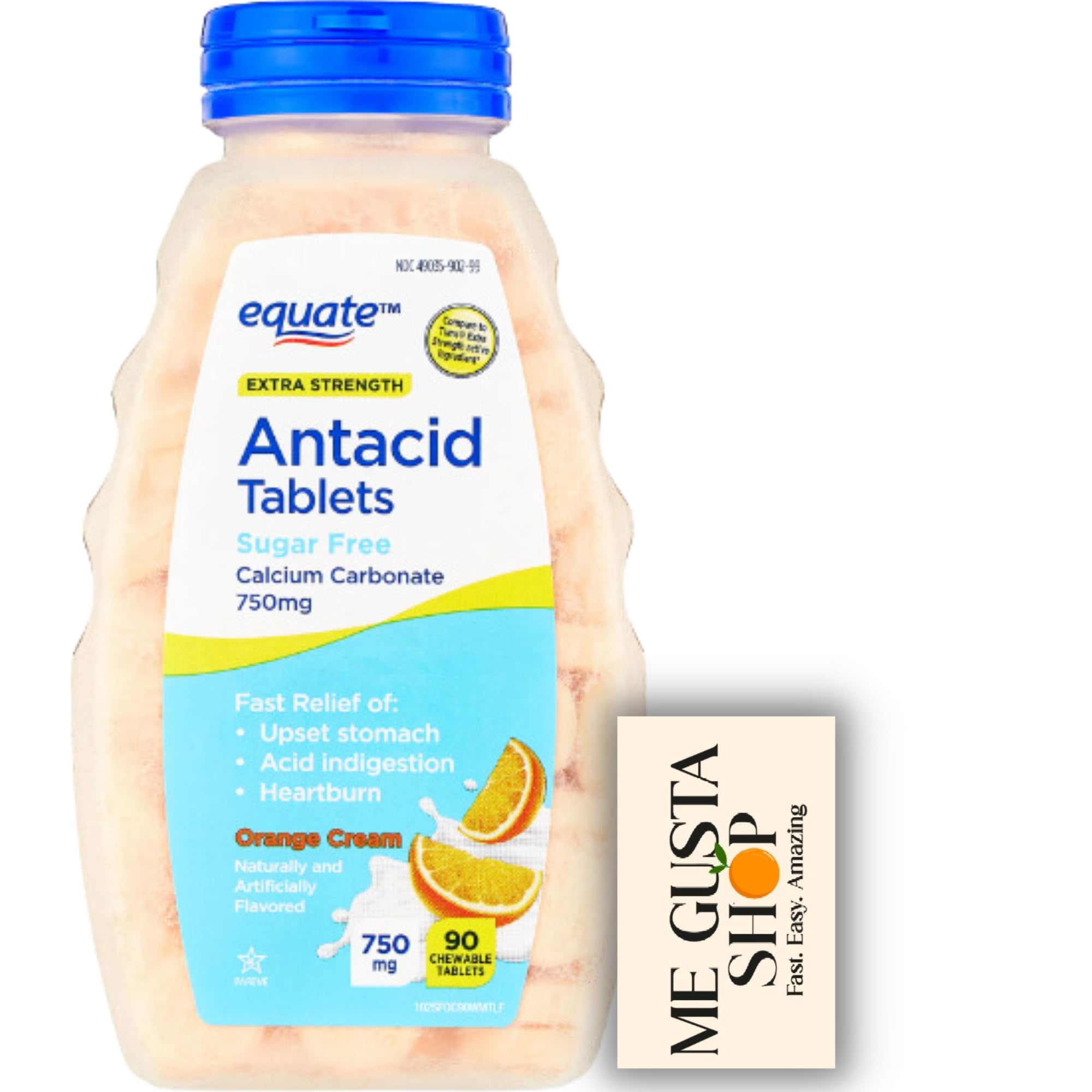 Equate Extra Strength Sugar-Free Antacid Chewable Tablets, Orange Cream,750 mg 90 Count + Me Gusta Sticker