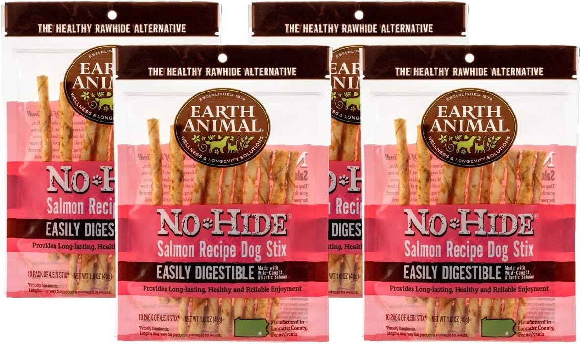 EARTH ANIMAL No-Hide Salmon Flavored Stix Natural Rawhide Alternative Stick Dog Chew Treat for Small Dogs and Cats - 10 Chews