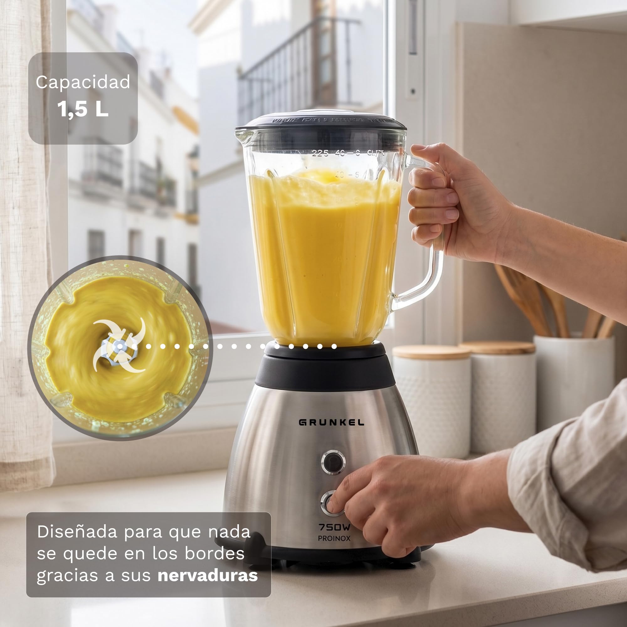 Grunkel batidora de vaso de 1 a 1,5L y de 500 a 2000W con vaso extraible de cristal. De fácil limpieza y de 2 a 4 niveles y Turbo (1,5L 750W)