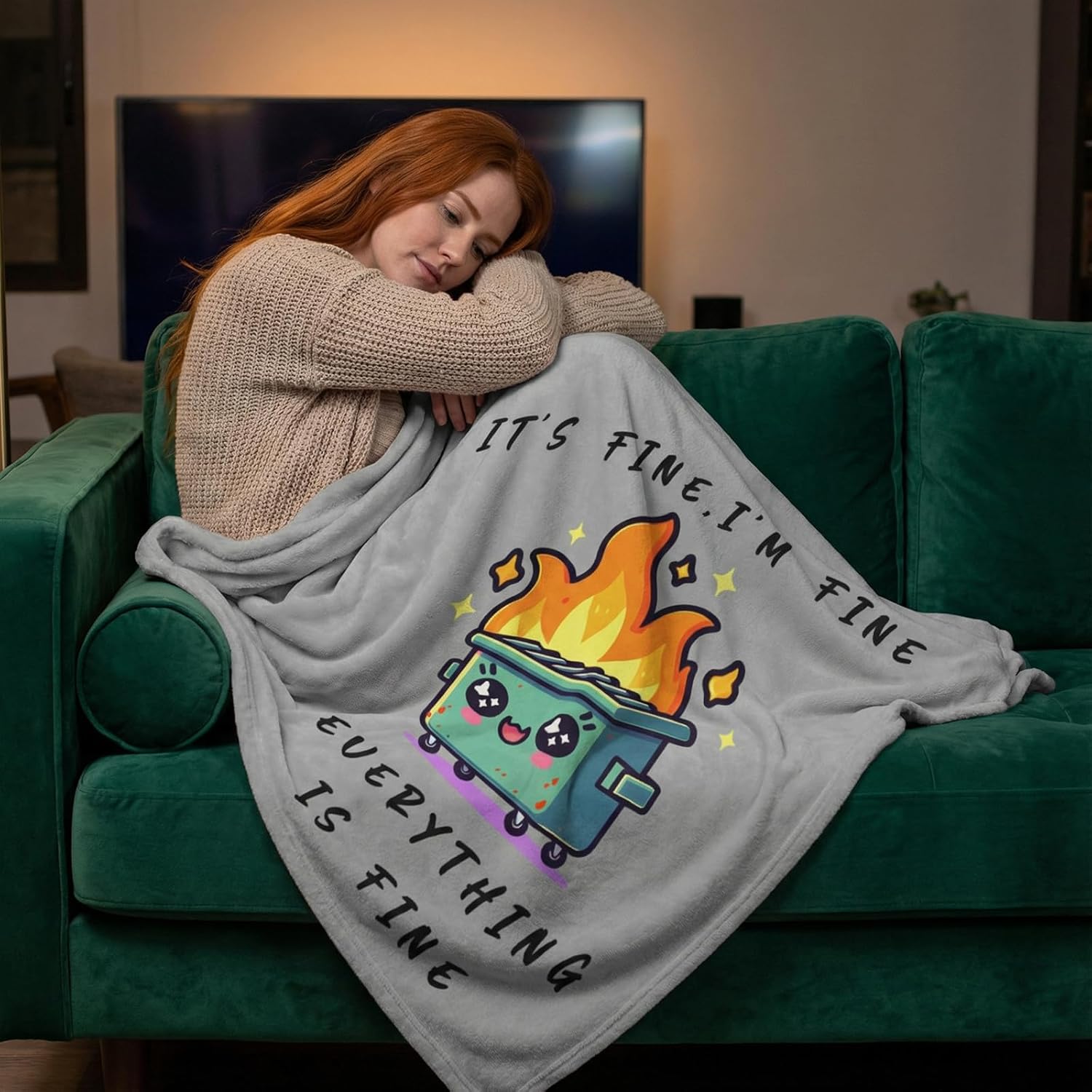 Funny Emotional Support Dumpster Fire Office Chair Blanket Funny Office Gifts for Coworkers Boss It's Fine I'm Fine Everything is Fine Grey Fun Soft Throw Blanket 60"X50" - Image 6