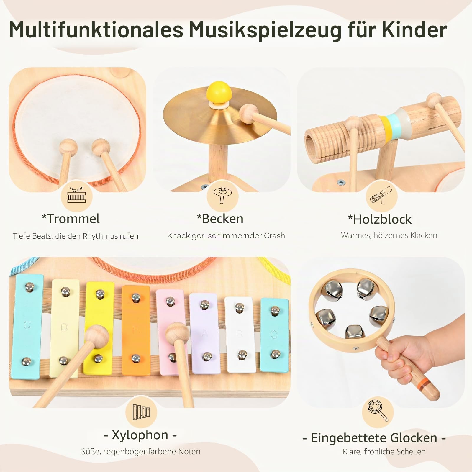 WINGYZ 9 in 1 Schlagzeug Kinder Trommel Holz – Musikinstrumente für Kinder ab 3 Jahr, Montessori Baby Spielzeug Geschenk für Junge Mädchen