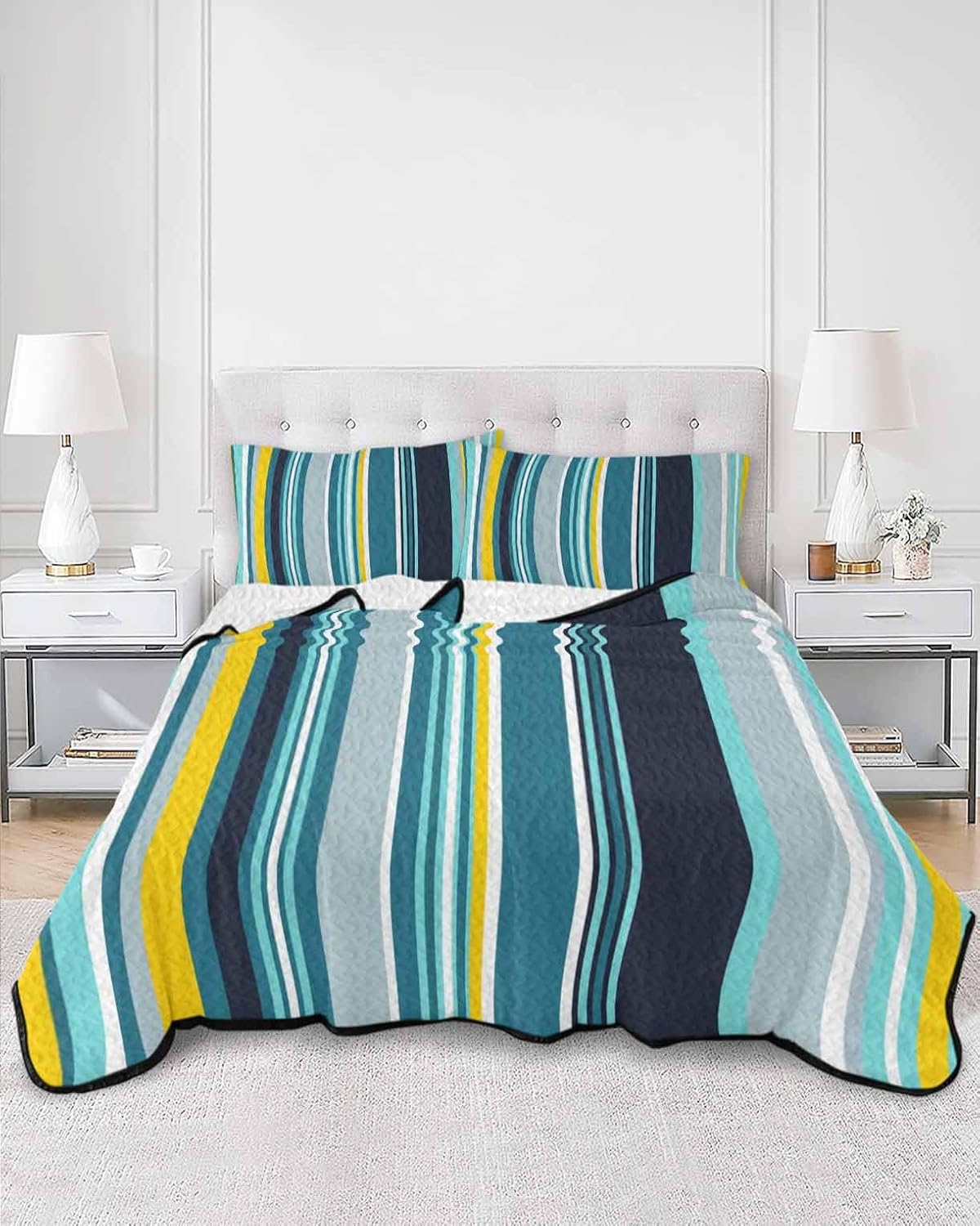 King Size Quilt Set, Teal Stripe Gradient Abstract Geometric Lightweight Bedspread Coverlet Set Summer Quilt with 2 Pillow Shams, Colorful Line Watercolor Art 3 Piece Comforter Bedding Set