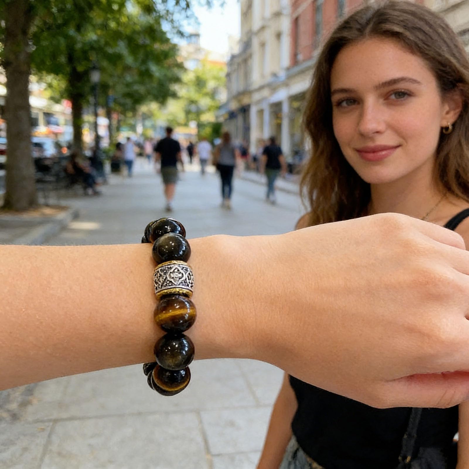 Bracciale in Ossidiana con Occhio di Tigre Giallo e lucentezza Dorata - Perline di Cristallo Nero e Marrone Dorato Naturale per Protezione e Sicurezza, Gioielli Elasticizzati,12MM