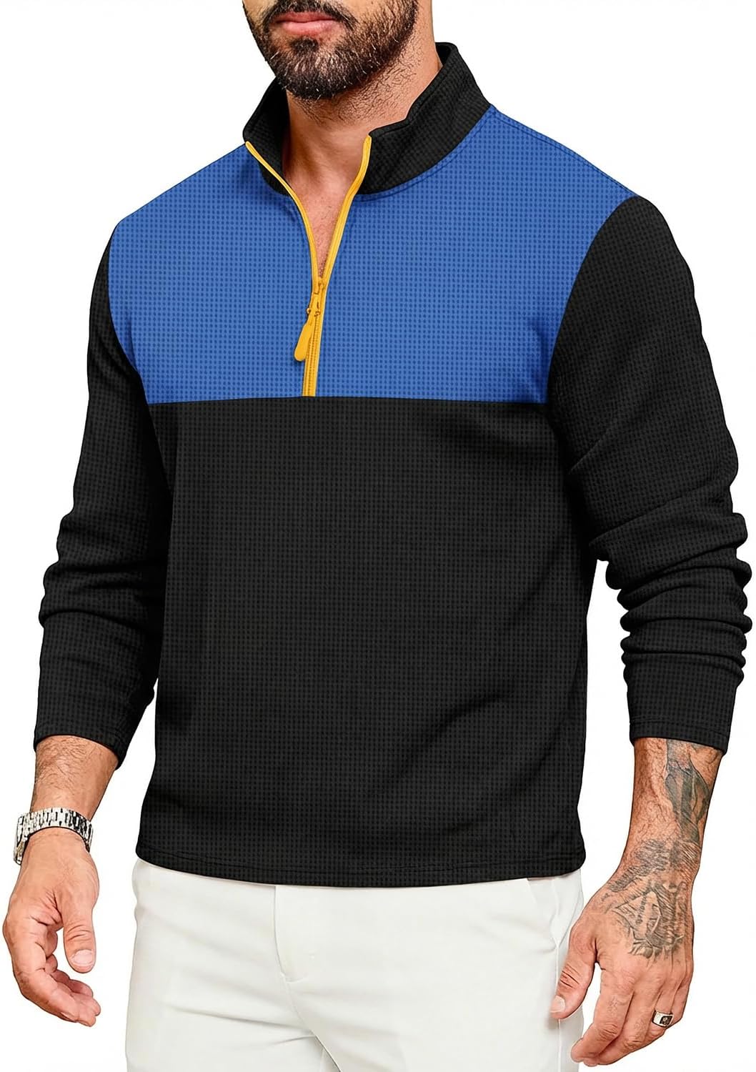 Mens Quarter Zip Pullover Waffle Knit Color Black Sweatshirts Athletic Long Sleeve Workout Shirts WT06
