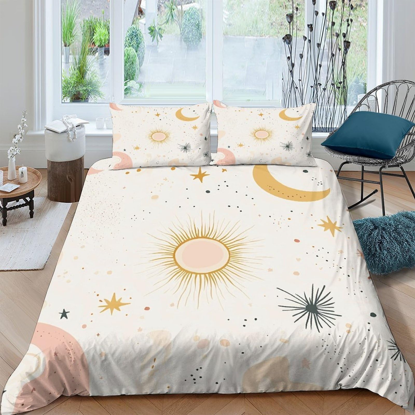 GPLZQXKJNH 3D Printed Sun Moon Duvet Cover Set Microfiber Soft Breathable Celestial Star Quilt Cover with 2 Pillowcases for Bedroom Decor Single（135x200cm）