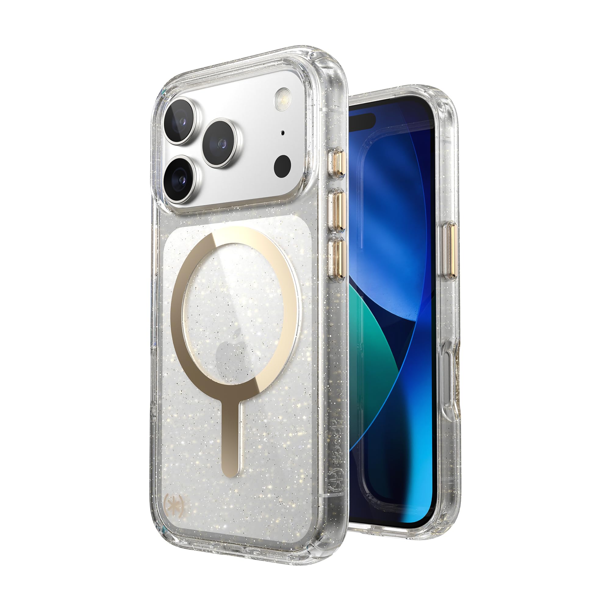 Speck Presidio LUX - Custodia protettiva sottile per iPhone 17 Pro, compatibile con MagSafe, glitterata/oro metallizzato