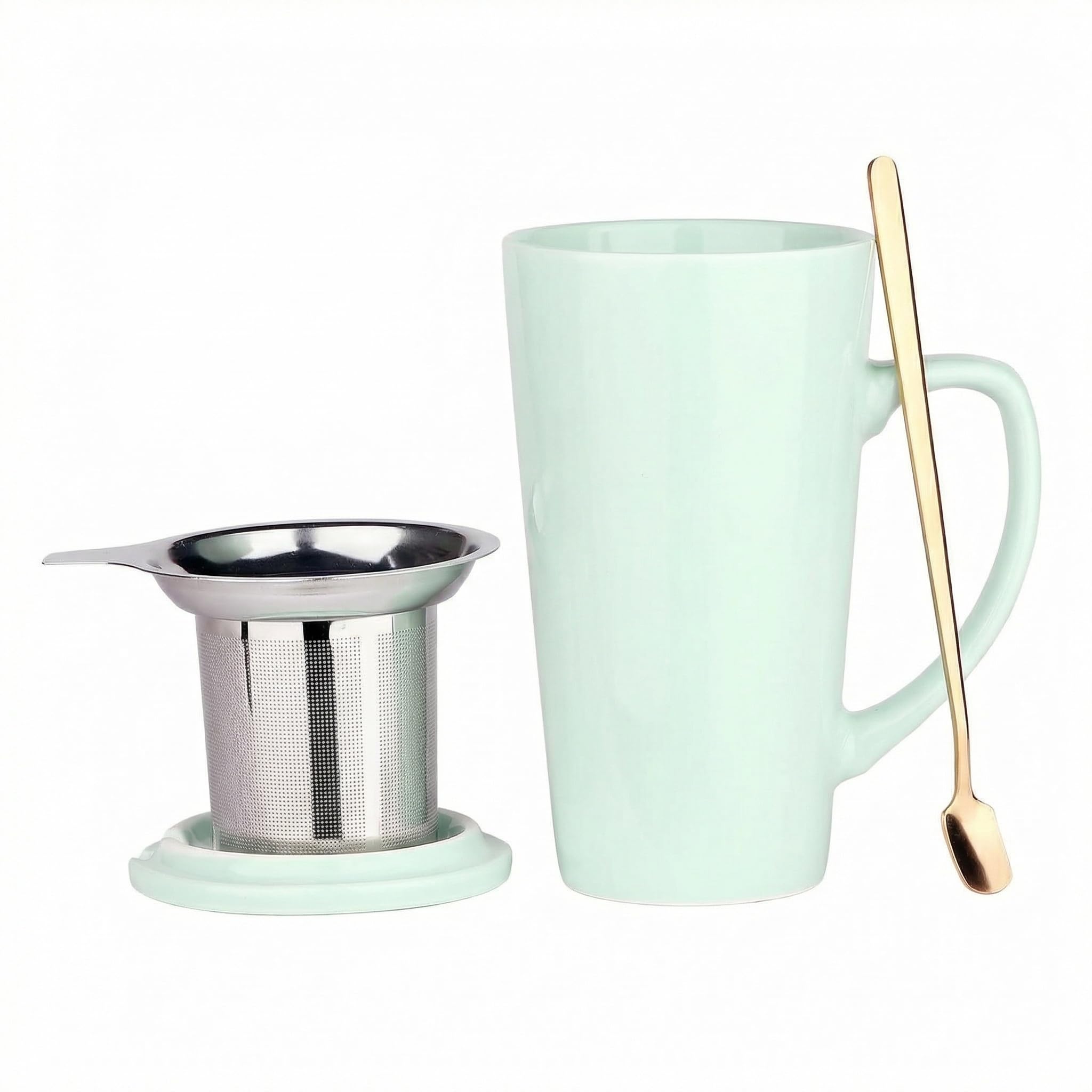 Taza de té de porcelana de 15 onzas con infusor, tapa y cuchara, taza de té de hojas sueltas, color verde menta