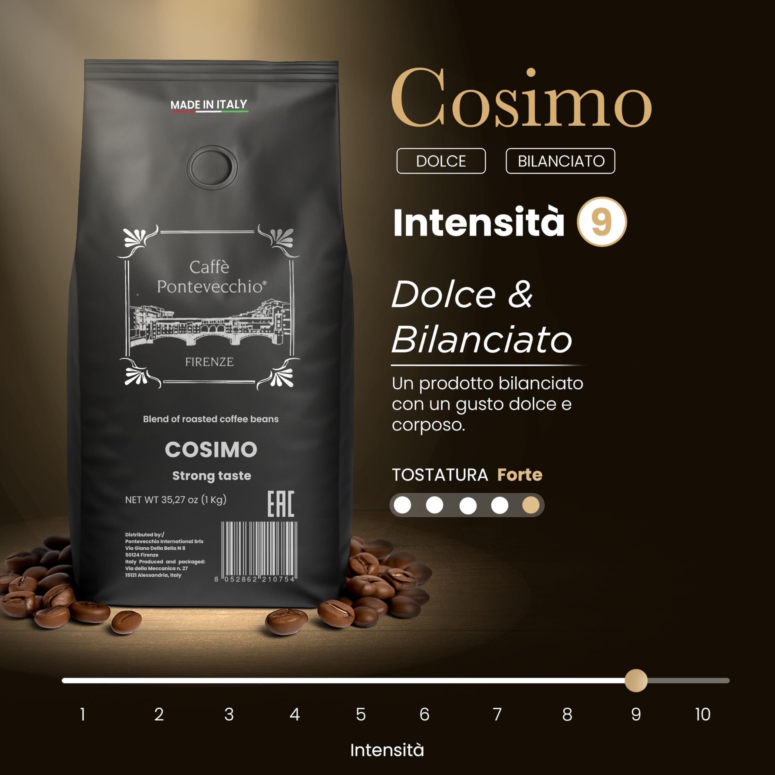 Caffè in Grani 1kg - Miscela 100% Robusta da India Vietnam Indonesia - Chicchi Interi per Moka ed Espresso - Gusto Forte e Tostato con Crema Densa - Made in Italy - CAFFÈ PONTEVECCHIO FIRENZE