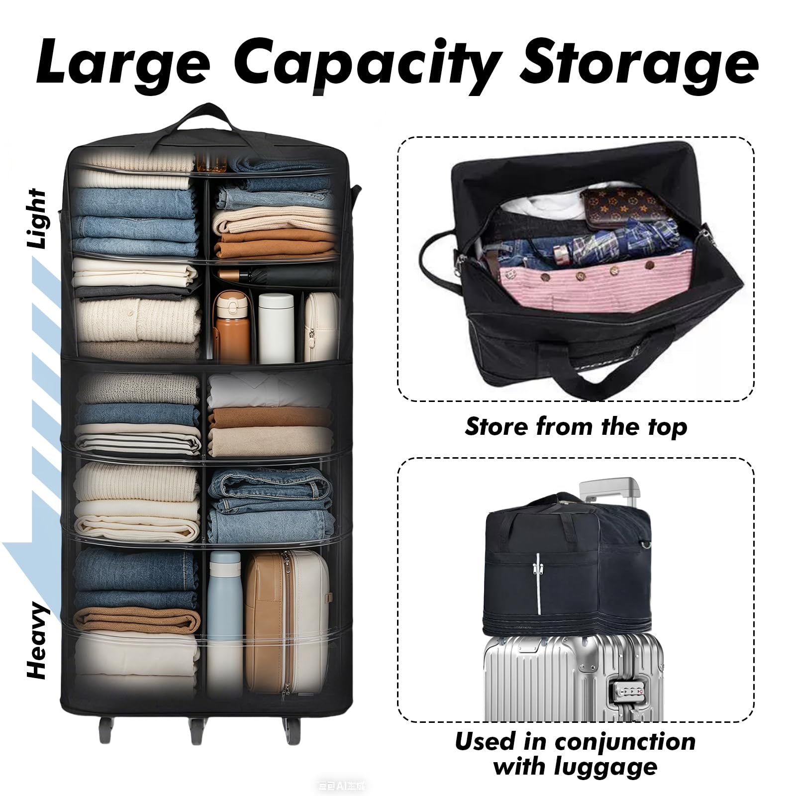 Bolsa de Viaje con Ruedas, 110 cm Bolsa de Viaje Plegable Expandible con Ruedas y Correa de Hombro, Almacenamiento para Hombres y Mujeres, 110 x 52 x 30 cm