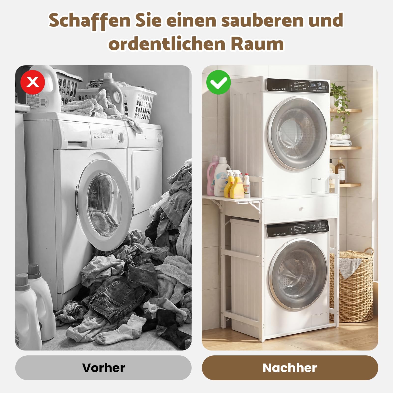 Waschmaschinenregal mit Schublade bis 150kg, stabiler Metallschrank für Waschmaschine und Trockner