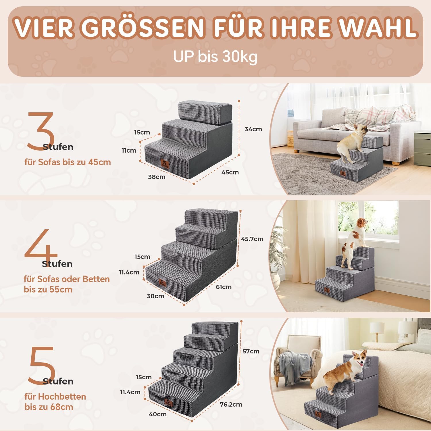 Sytopia Escalera para perros grandes, 5 peldaños de altura, para cama de 60 cm, lavable, espuma de alta densidad, para perros mayores heridos (57 cm de altura, gris)