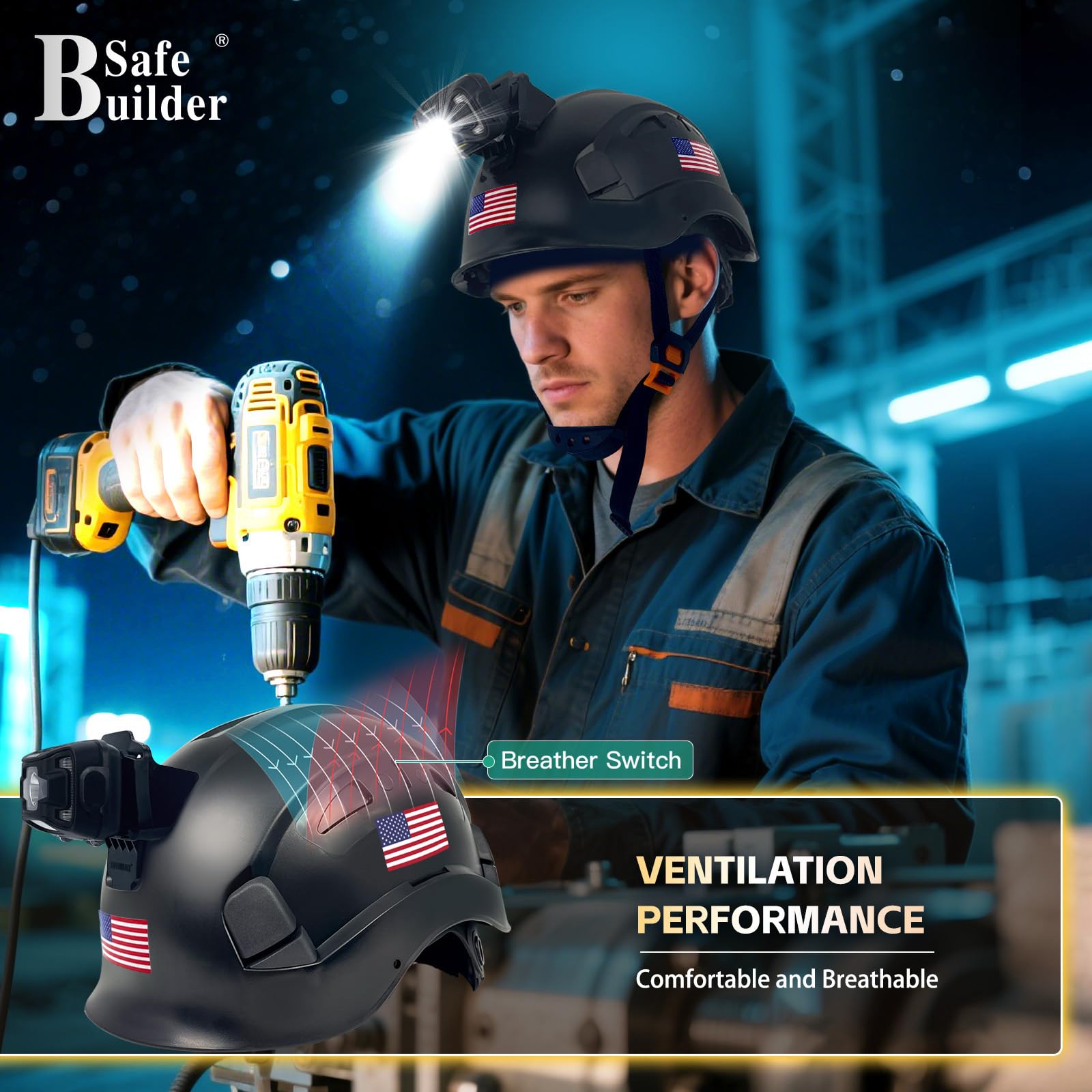 SAFEBUILDER Casco de seguridad de construcción con faro, casco duro, ventilación ajustable, protección de cabeza de trabajo, certificado ANSI/ISEA Z89.1