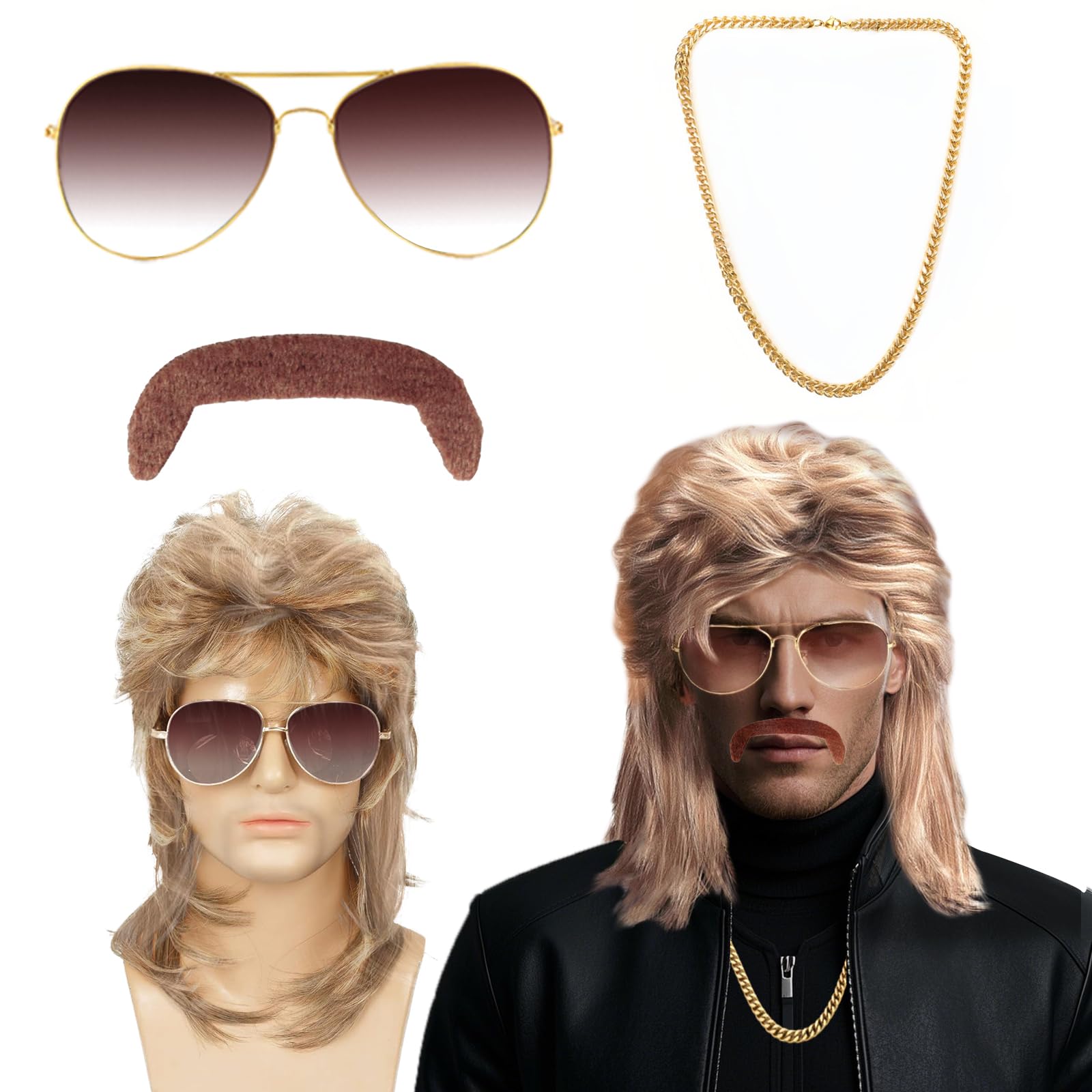 4 Piece Set Mullet Wig Brown, Pop Rock Wigs, 80s 90s Outfits Hip Hop Costume Kit, 70s Funky Hippie Wigs for Mullet Pop Style Wig 1970's Disco Halloween Costume Fashion Wig Fancy Party Accessories
