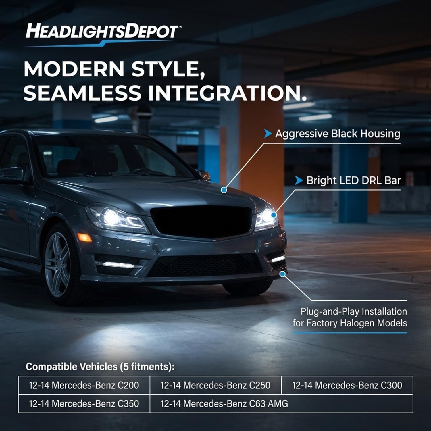 HEADLIGHTSDEPOT Headlights Compatible with Mercedes-Benz C250 C300 C350 C63 AMG Halogen Projector w/LED DRL Black Housing Includes Left Driver and Right Passenger Side Headlamps Assembly