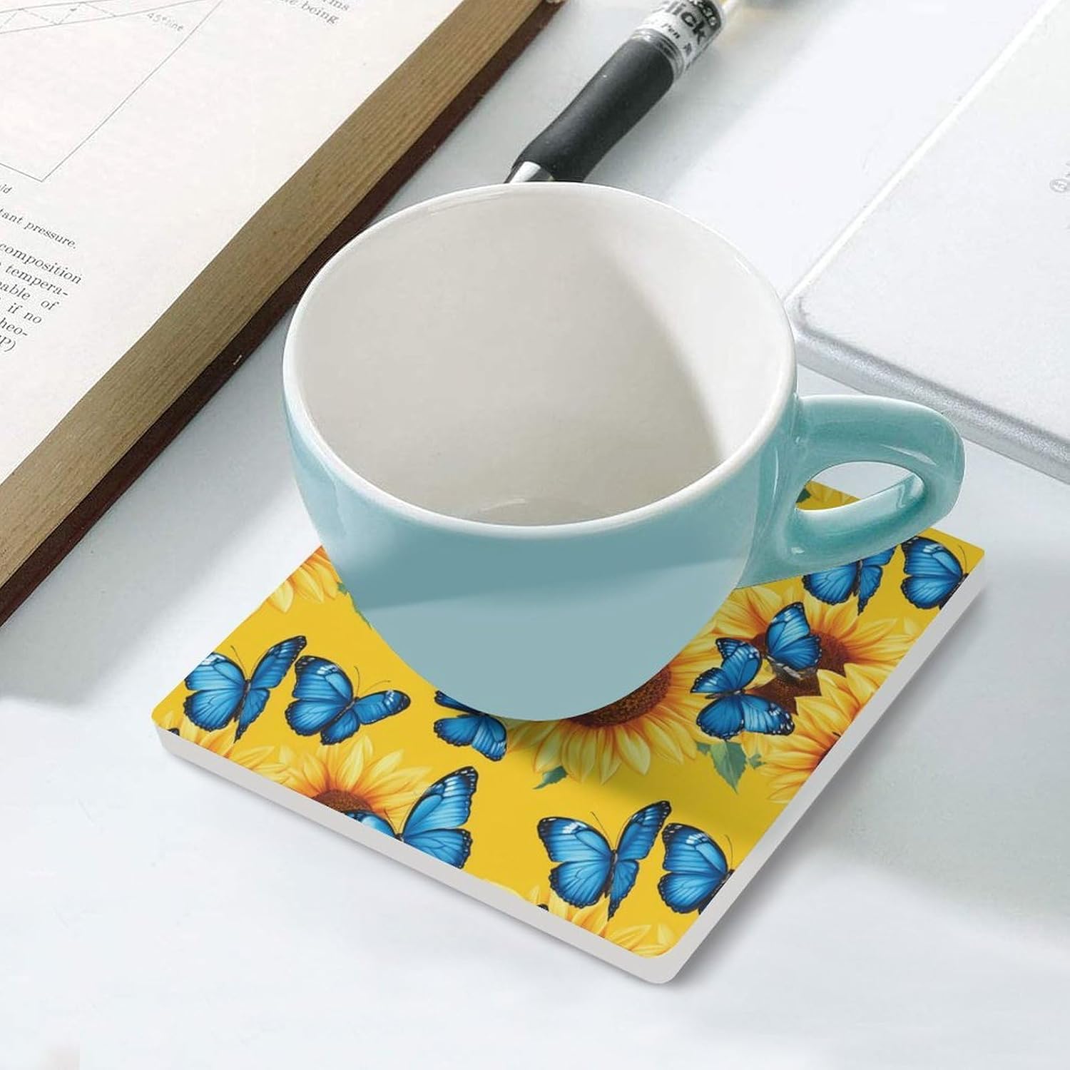 Sunflowers with Blue Butterfly Funny Ceramic Coasters for Drink Absorbent Cup Holders Tabletop Protection