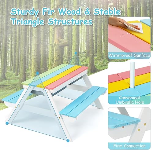 Vista 8 de Costzon Mesa de picnic para niños con cubos sensoriales, mesa de arena y agua 4 en 1 con paraguas de altura ajustable, mesa extraíble para jugar al