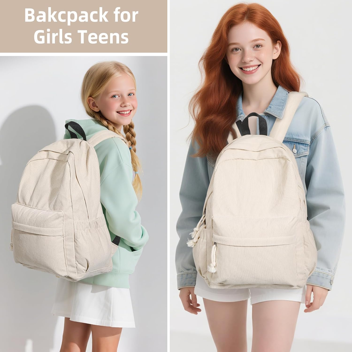 School Backpack for Teens Girls, Corduroy Bookbag with 6X Cute Pin Accessories, Lightweight High School College Laptop Bags for Women Travel Daypacks (Beige) image 9 of 9 B0F4CP1GD9