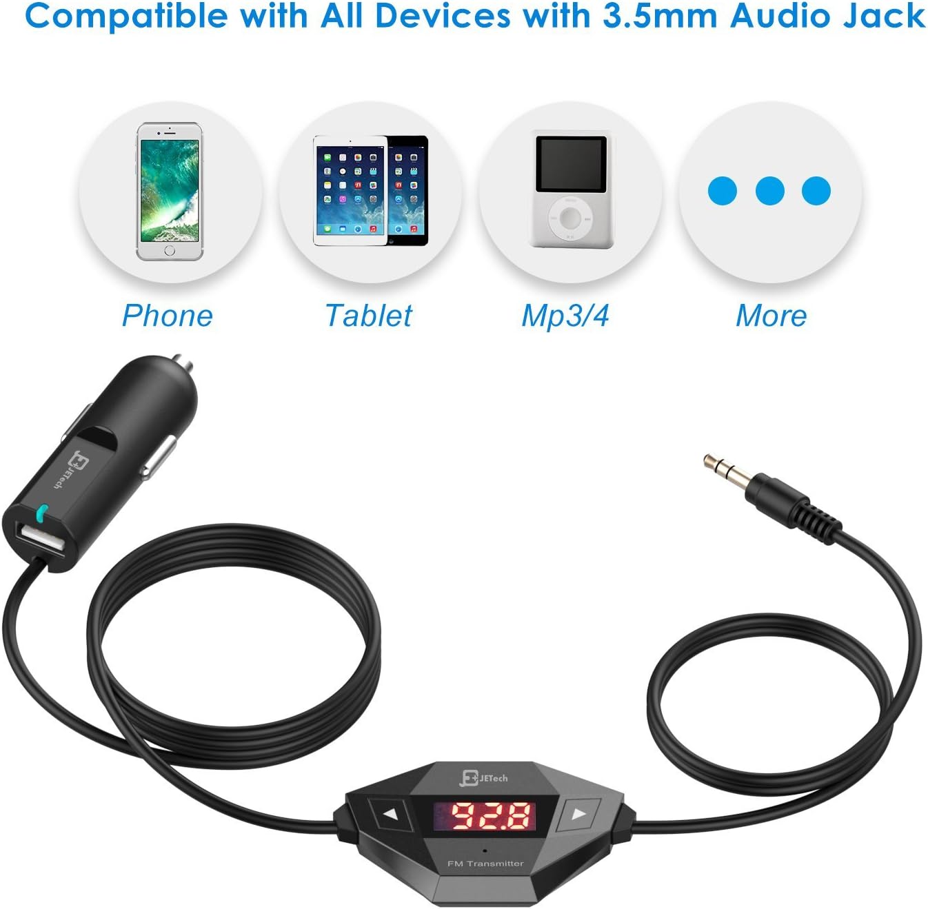 JETech Wireless FM Transmitter Radio Car Kit for Smart Phones Bundle with 3.5mm Audio Plug and Car Charger (Black)