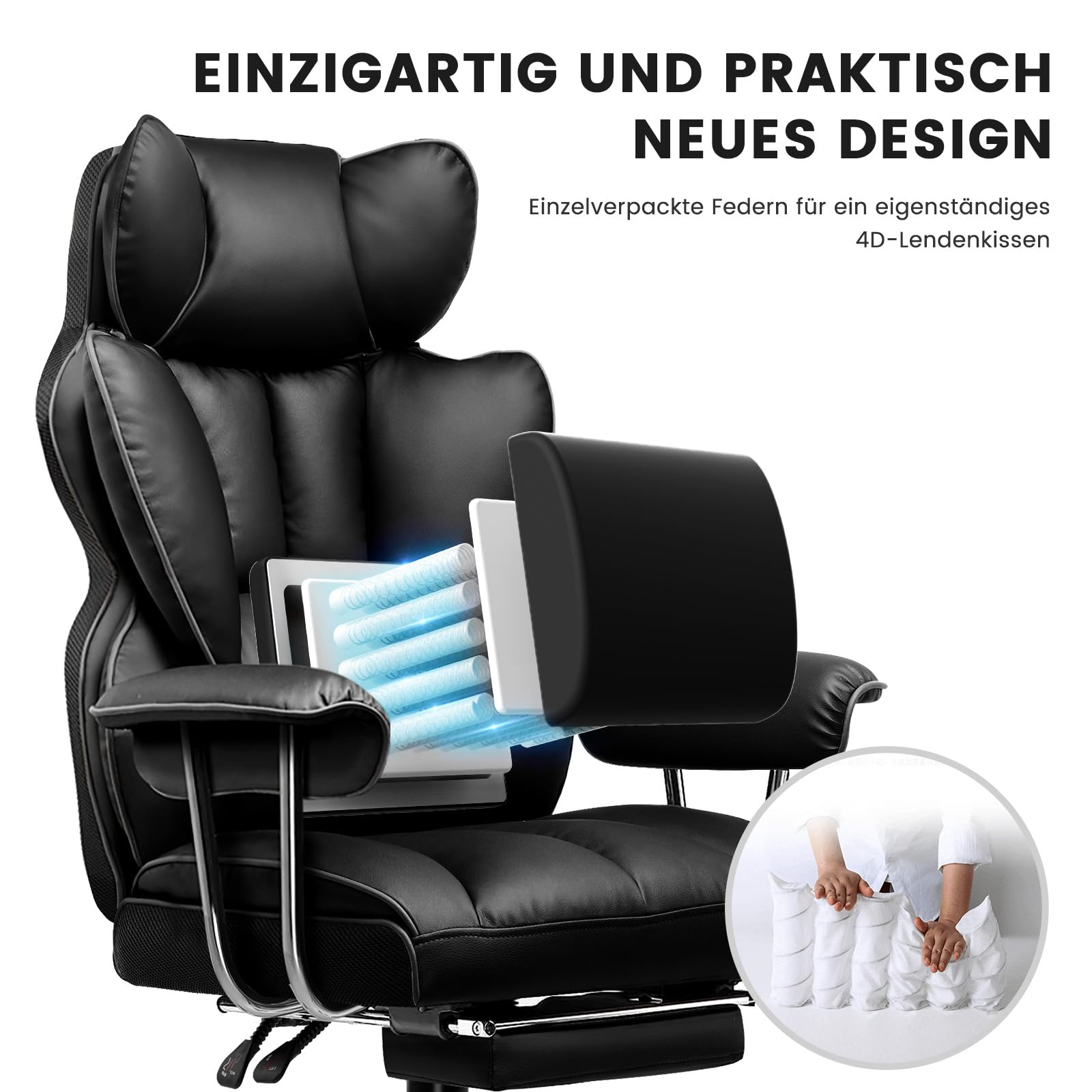 GTPLAYER Gaming Stuhl, Gamer Stuhl, Ergonomischer Bürostuhl mit Fußstütze, Kunstleder, Federsitzkissen, Gaming Chair Gepolstert, Gaming Sessel 180kg Belastbarkeit schwarz