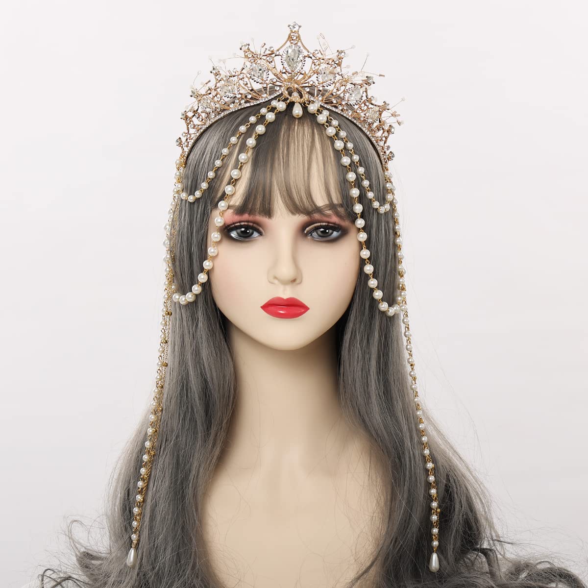Crystal Crown for Women Vintage Queen Princess Tiara Bridal Rhinestone Crown Dress-up Wedding Prom Pageant Pearl Crown Hair Accessories (Type B)