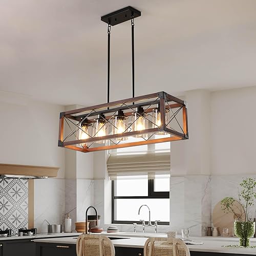 Miniatura 7 de Lámparas colgantes rústicas de casa de campo, candelabros para comedor y cocina, accesorios de luz de isla de 5 luces, candelabro de madera sobre la
