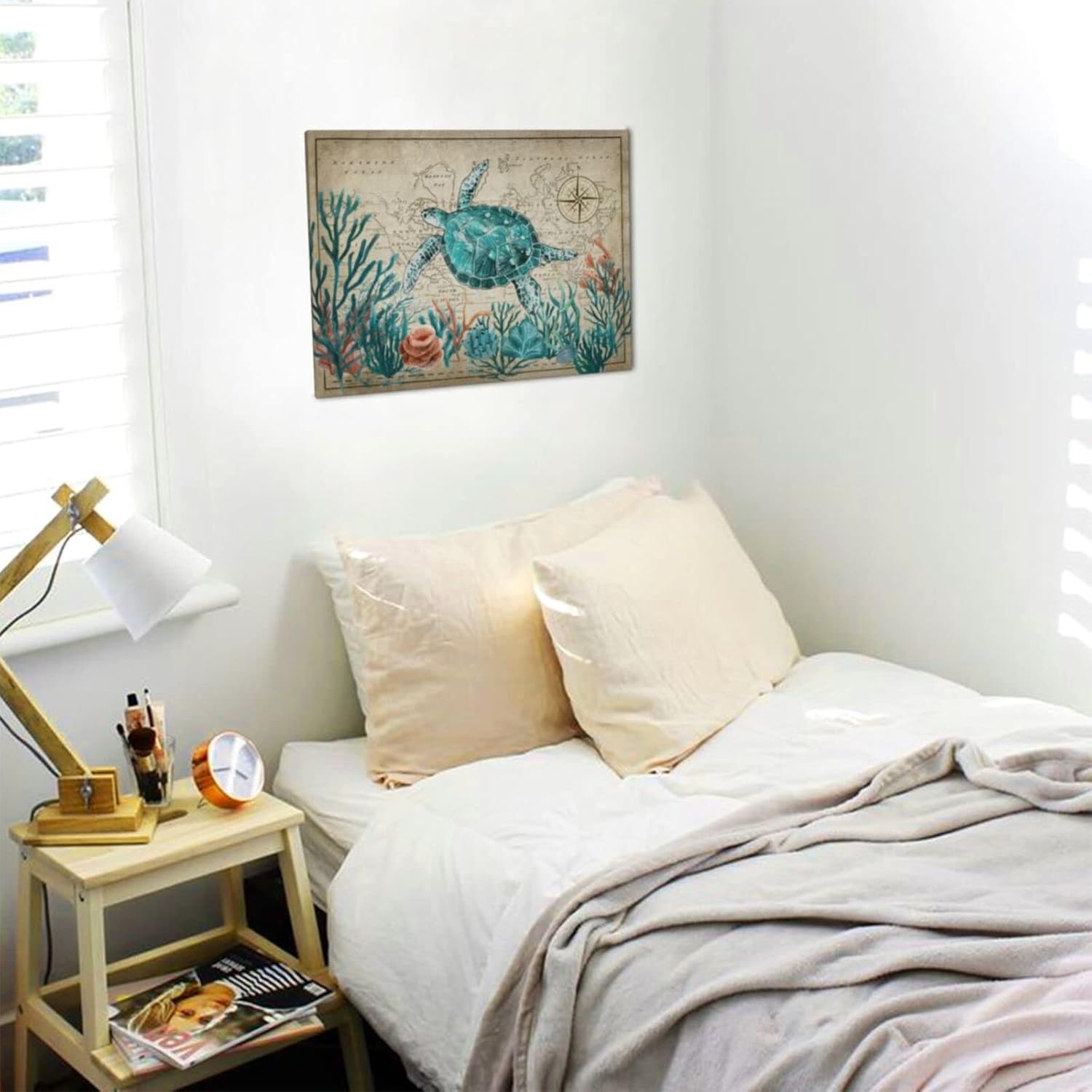 GRYTAPA Sea Turtle Bathroom Decor Wall Art Ocean Wall Decor Ocean Theme Painting Map Background Framed Artwork for Prayer room Bedroom Home Office Kitchen 16"x12"