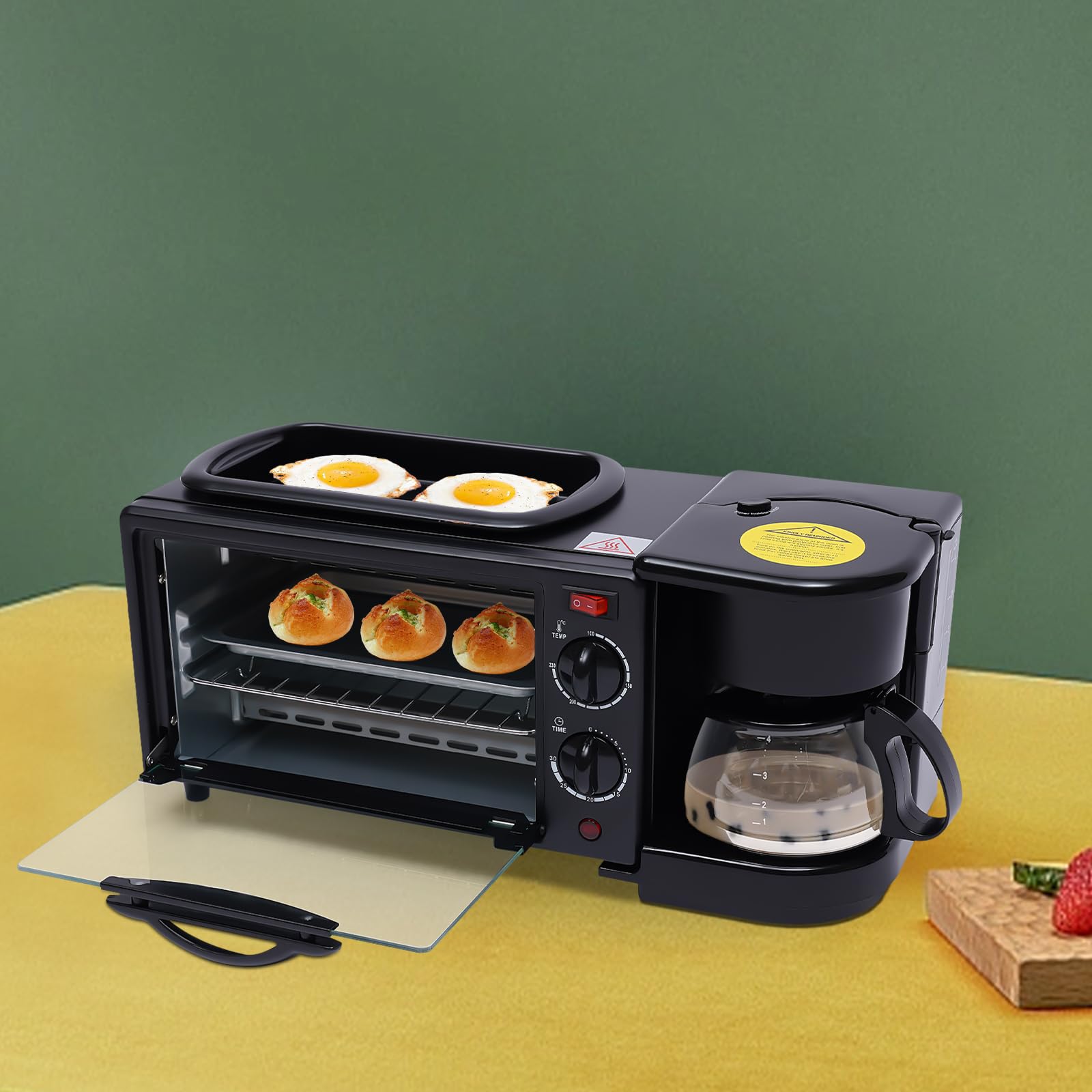 Macchina per la colazione multifunzione 3 in 1, 600 ml, filtro a tramoggia, tostapane, forno 9 l, griglia antiaderente, lavoro separato, timer 0-30 minuti