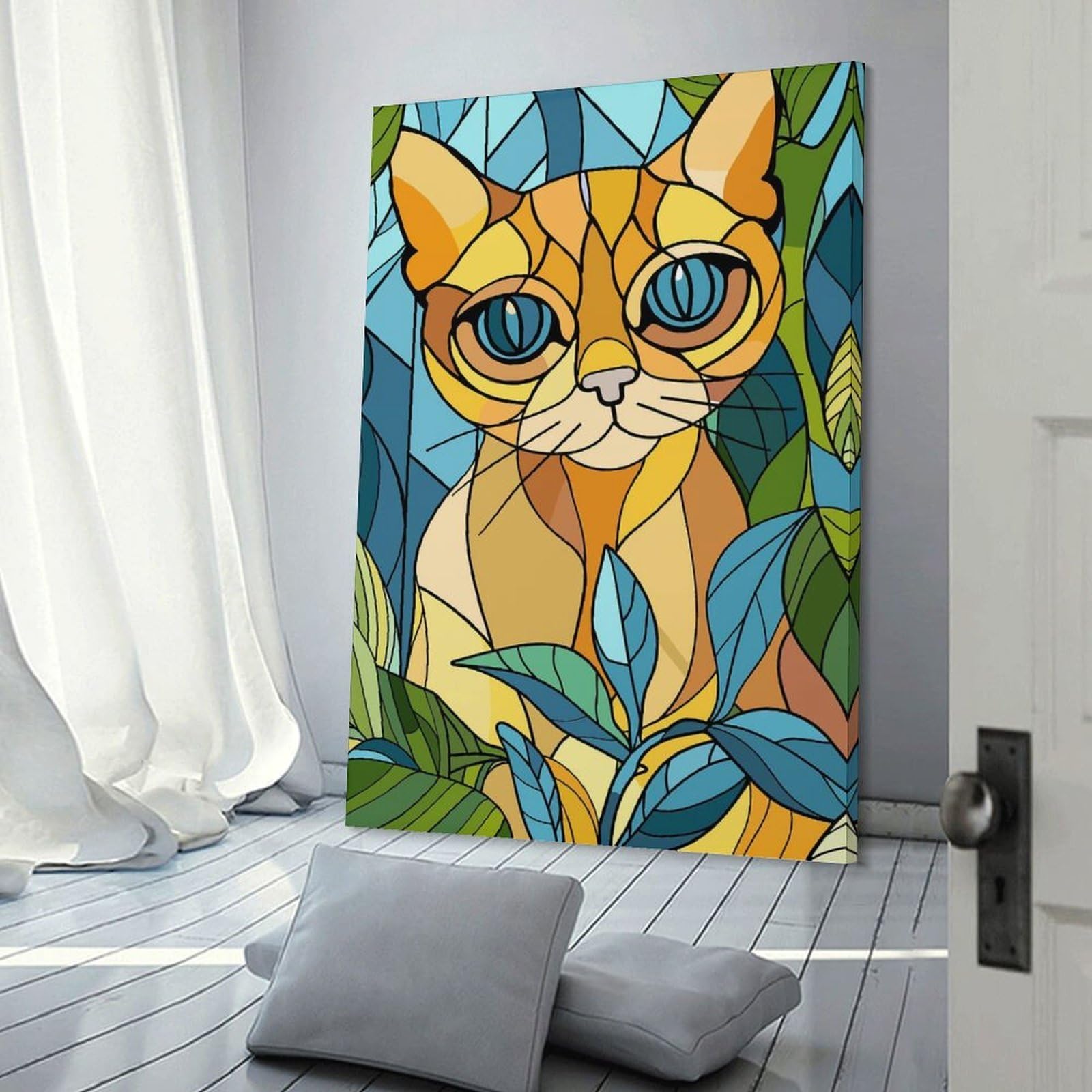 Junmoney Frame-Style-11 Hanging Wall Art Stained Glass Cat Among Leaves, 12X18inch(30X45cm), For Wall Displays, Bedrooms Or Room Updates, Wall Decor Suited To Curated Displays