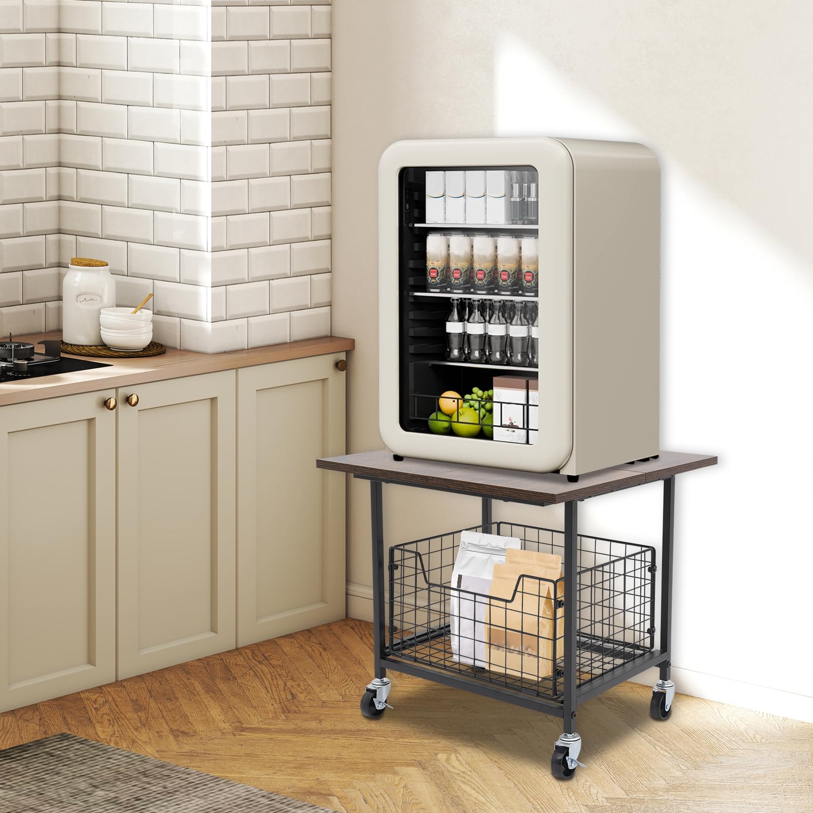Mini soporte para nevera portátil resistente con ruedas y cesta de almacenamiento extensible, para hogar, oficina o dormitorio, hasta 150 kg (50 x 50 x 44,2 cm)