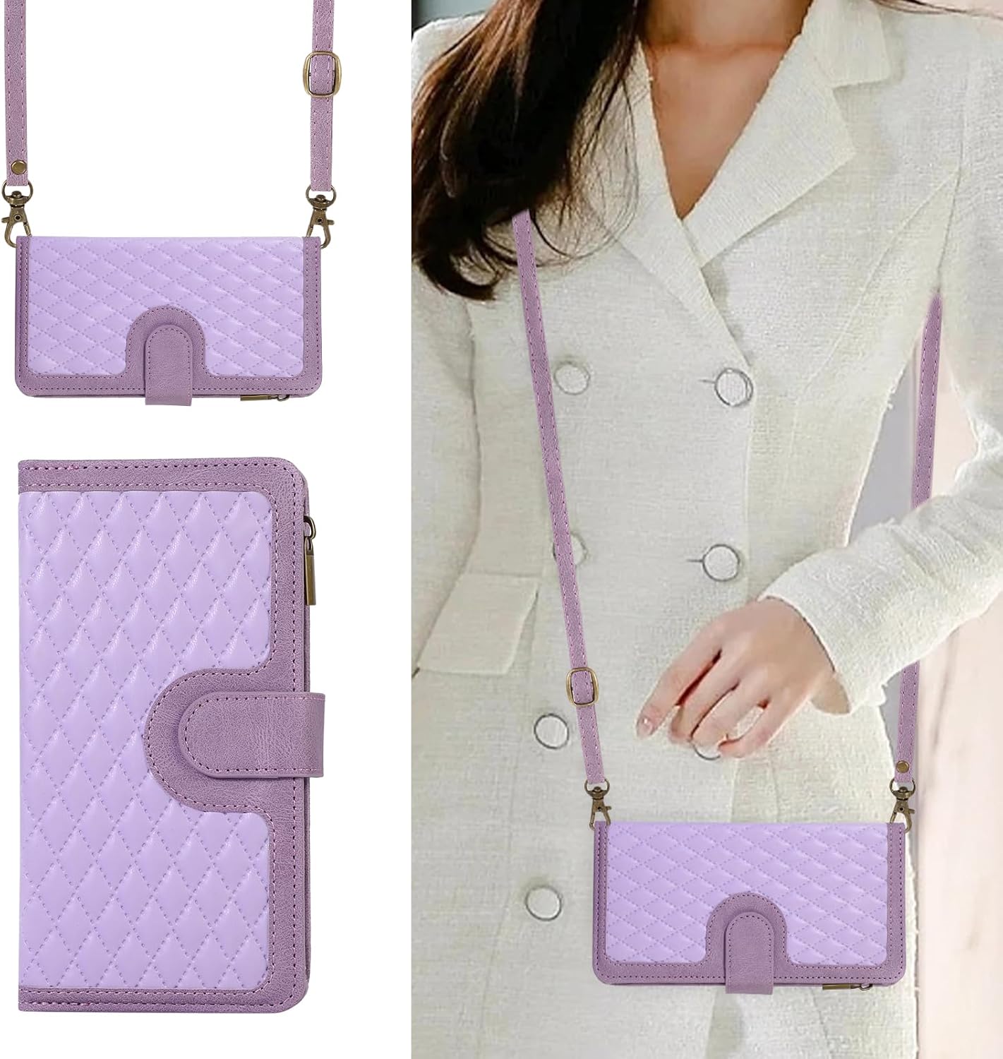 Asuwish Phone Case for iPhone 12 Pro iPhone12 6.1 Wallet Cover With Tempered Glass Screen Protector and Crossbody Wrist Strap Flip Zipper Card Holder Cell iPhone12pro 5G i 12s 12pro Women Girls Purple