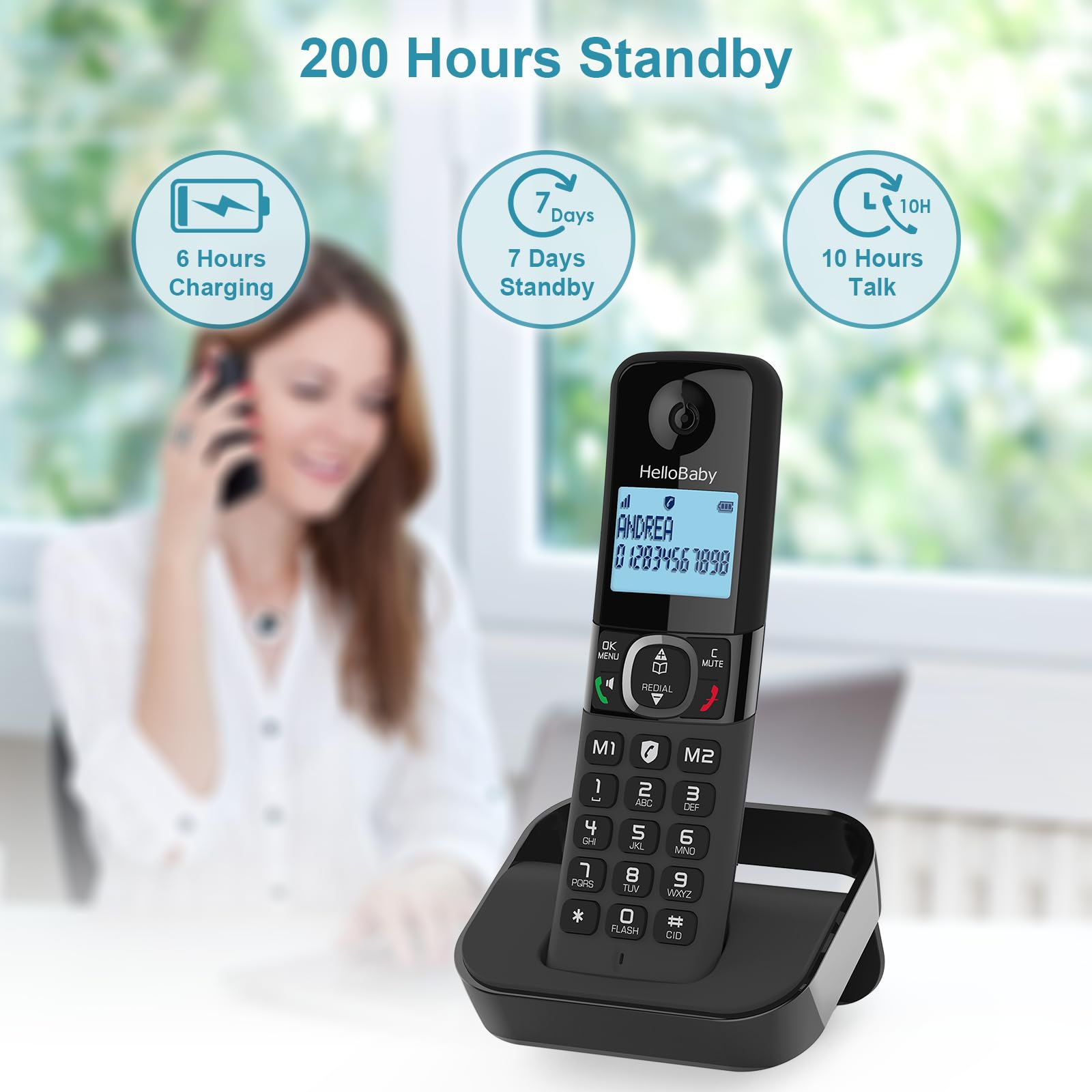 Hellobaby Cordless Phone showing 200 hours standby, 7 days standby, and 10 hours talk time