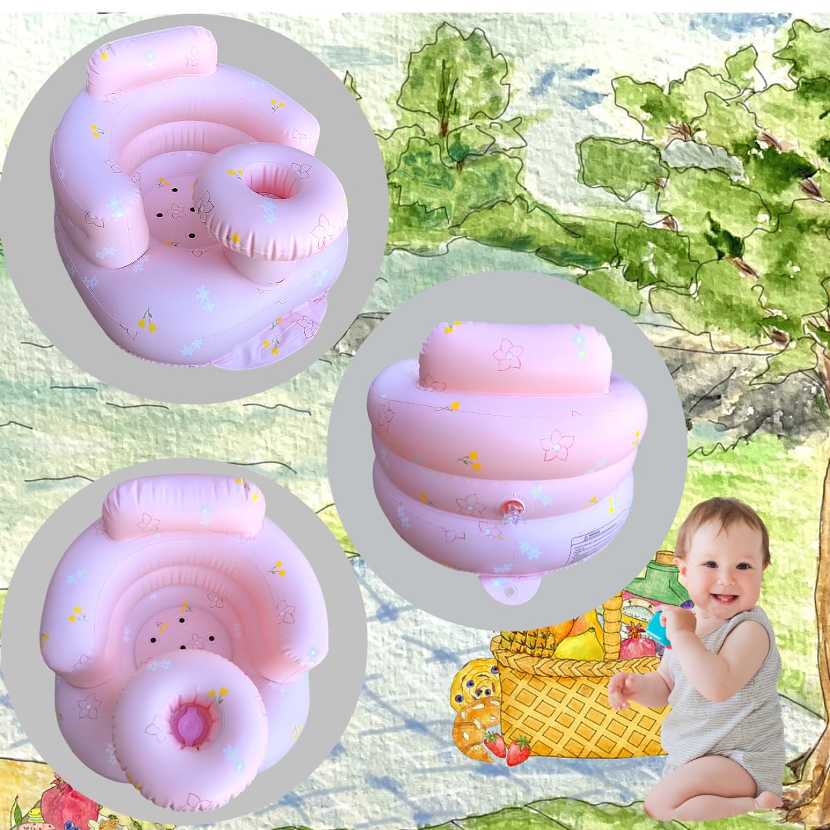 Baby Inflatable Seat for Babies 4-24 Months Built in Air Pump Infant Back Support Sofa Toddler Chair for Sitting Up Baby Shower Chair Outdoor Seat Floor Seater Gifts (Pink Flower Tray) - Image 4