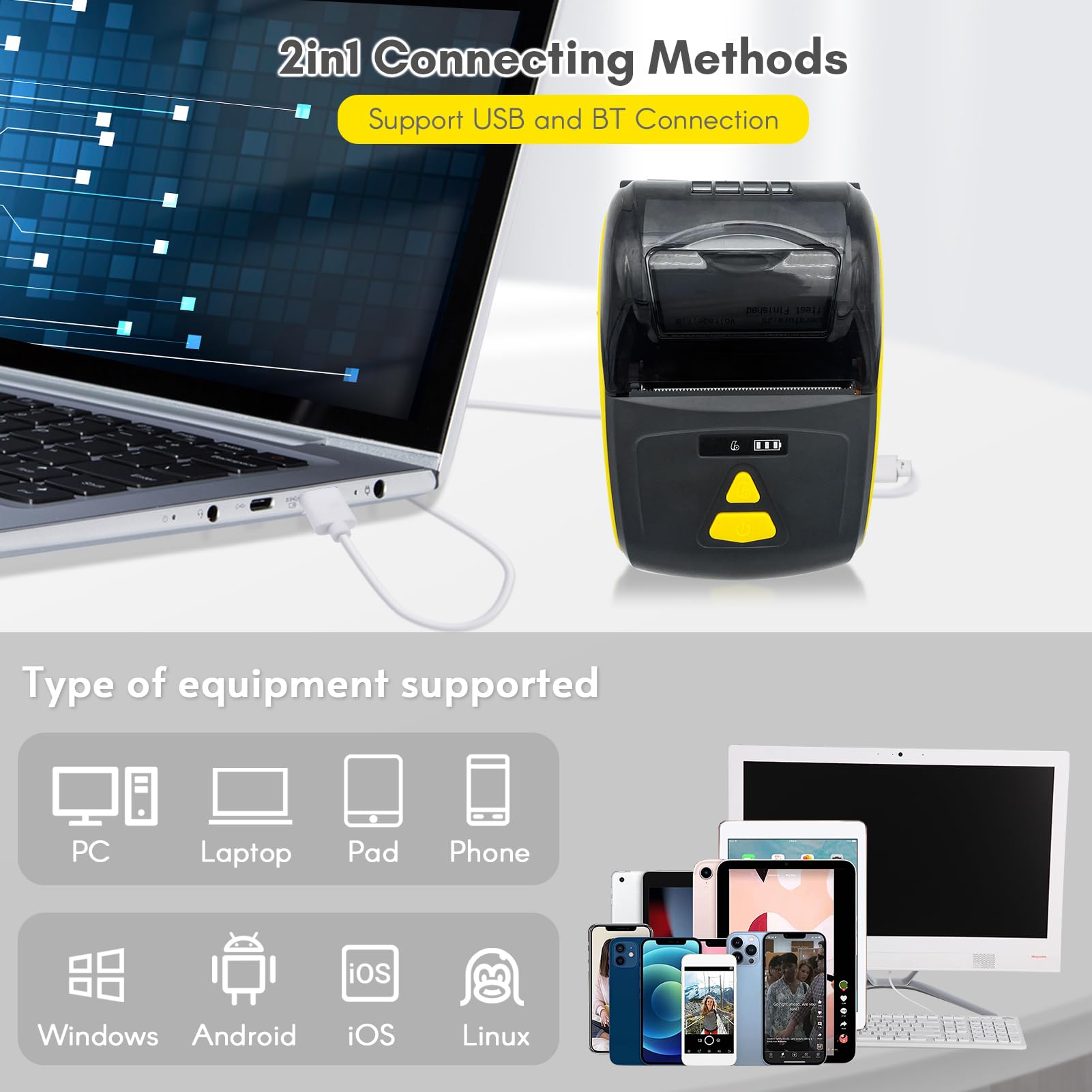 Mini Impresora térmica portátil de 2 Pulgadas, inalámbrica, USB, para Recibos, facturas, Tickets, con 2 Rollos de Papel de 57 mm, Compatible con iOS, Android y Windows para restaur