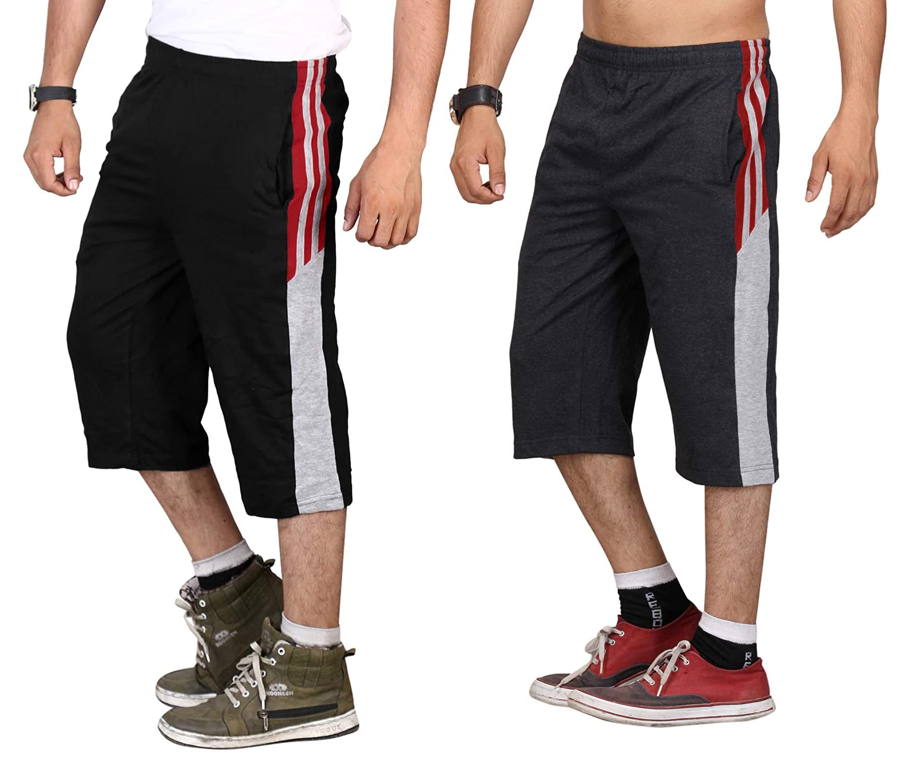 Stylcozy Men's Regular Fit Cotton Mens Cotton Three by Fourth, 3/4, Capri, Three Pack of 2 with Right Side Zip Pocket