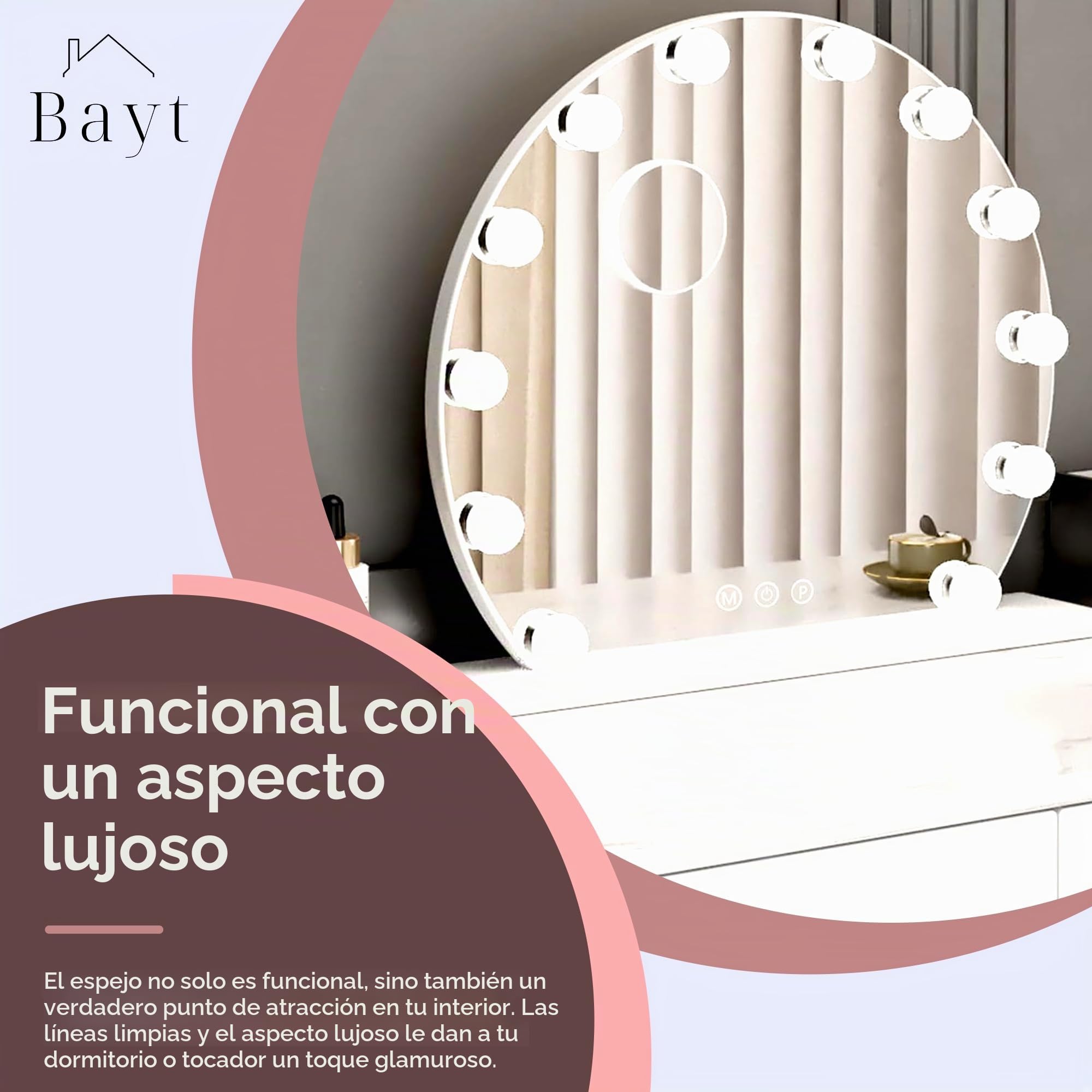 Bayt Hollywood - Espejo de maquillaje con iluminación LED, regulable, 3 modos de luz y 10 aumentos, gran espejo cosmético para tocador, 55 cm de diámetro, color blanco
