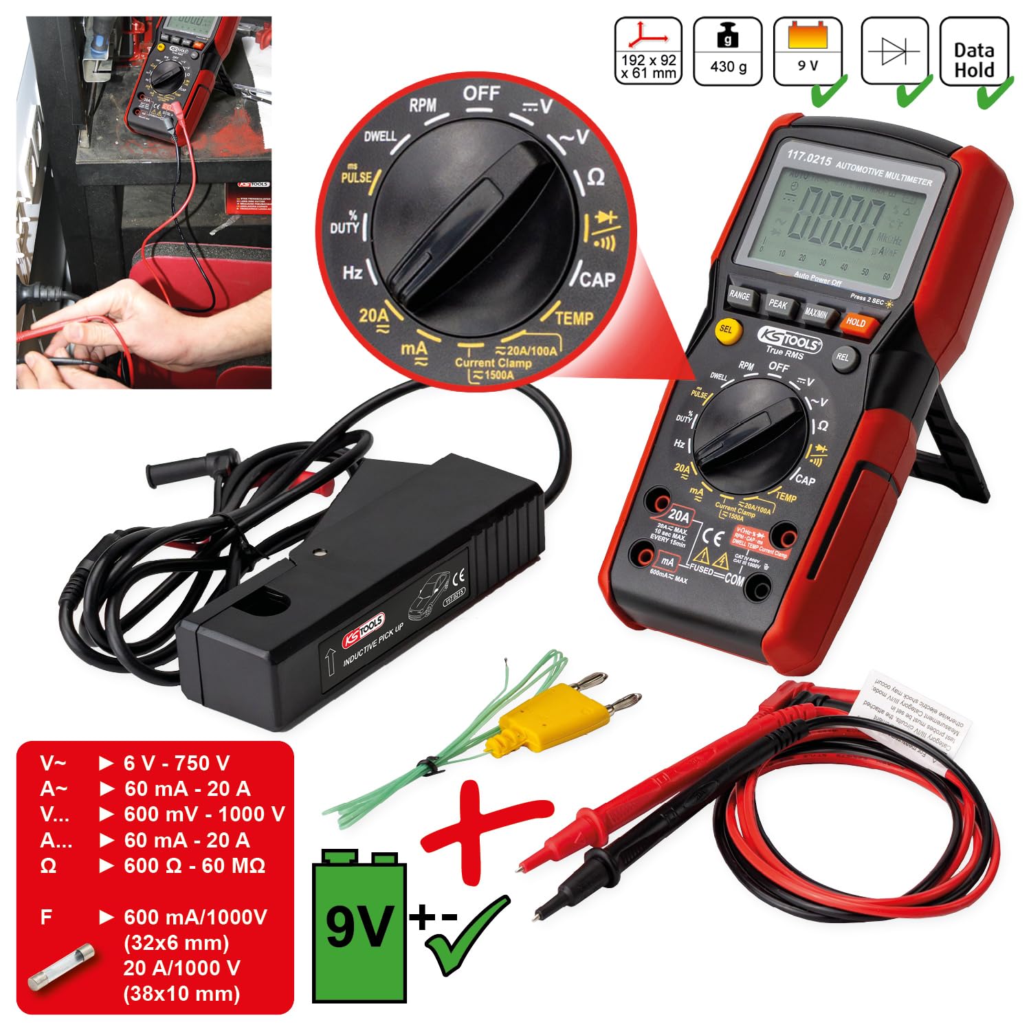 KS Tools 117.0215 Digital Multimeter inkl. Prüfspitzen mit integriertem Schlagschutz