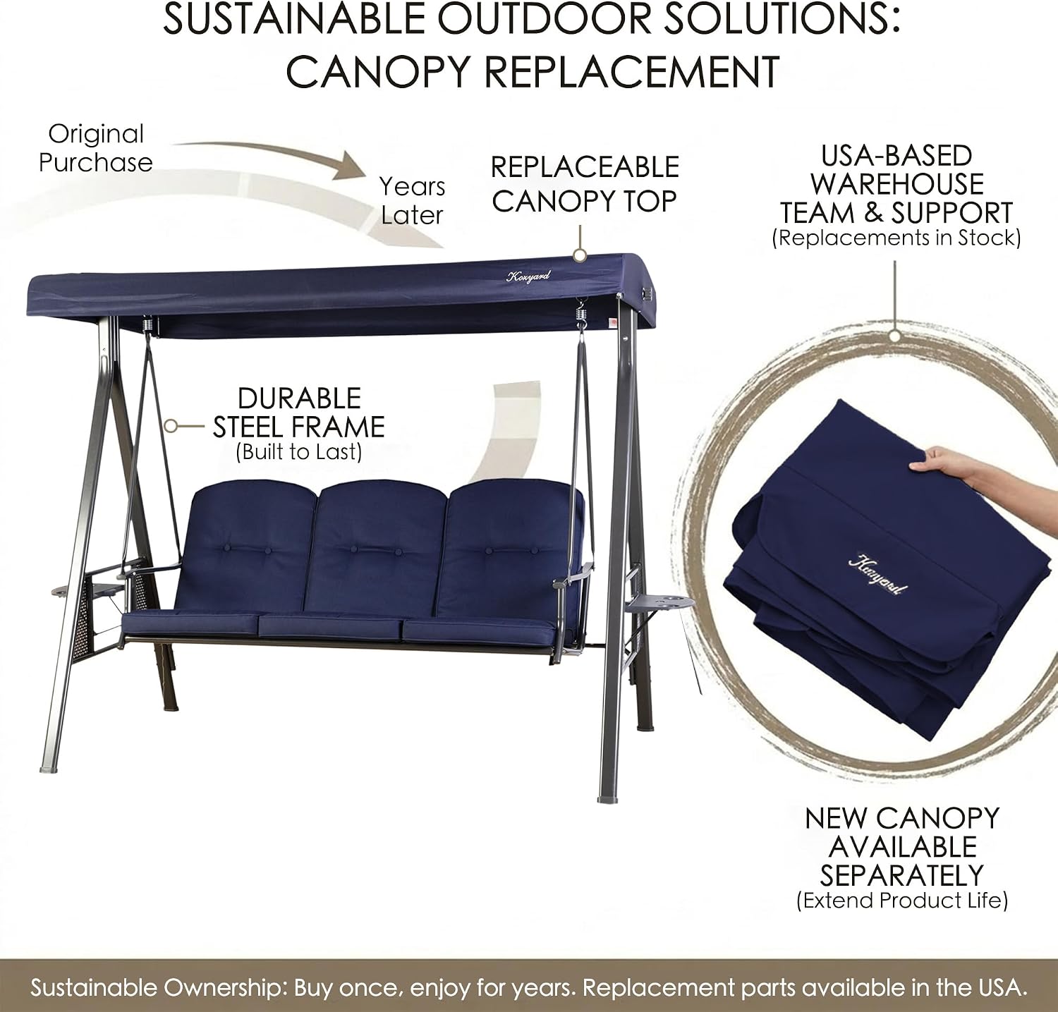 Kozyard Herbert Deluxe 3-Seat Patio Porch Swing Chair with Stand, Adjustable Canopy, Outdoor Freestanding Swing Chair for Backyard, Poolside, Balcony, Weather-Resistant, Navy Blue