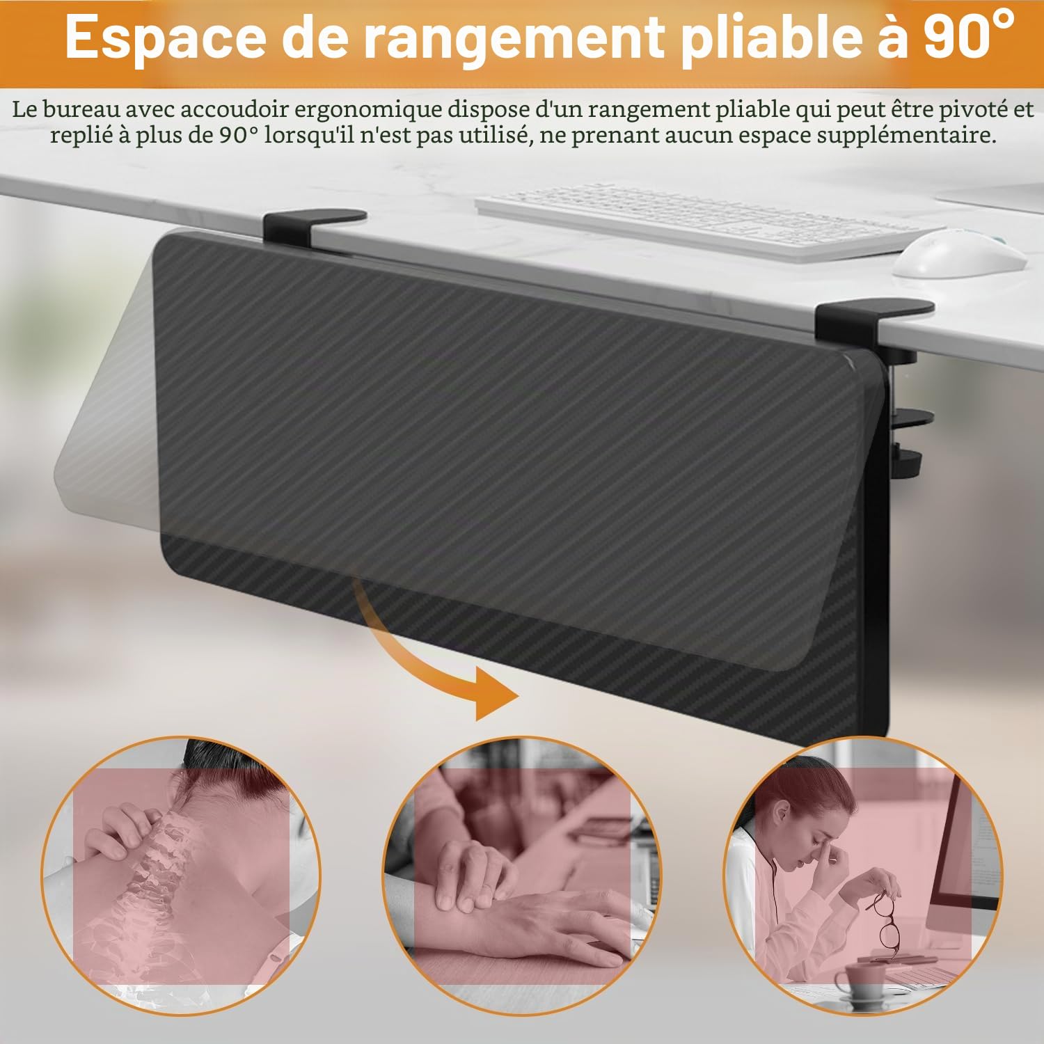 Plateau Extension de Bureau Ergonomique 55 x 24 cm Pliable Bras Support d'Accoudoir