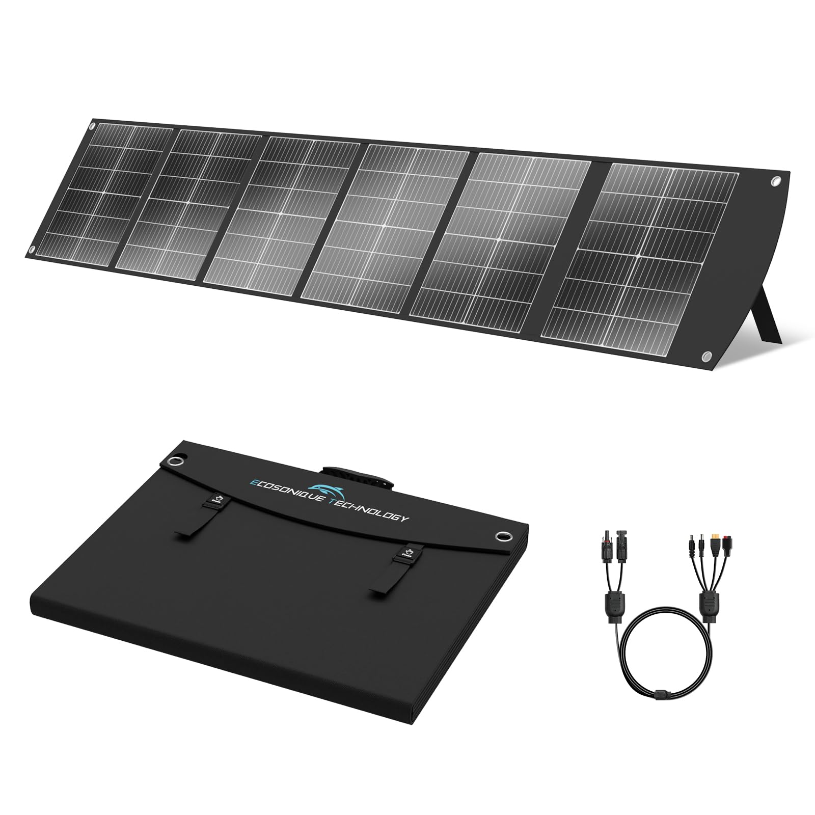 Ecosonique składany panel słoneczny 200 W, monokrystaliczny moduł solarny z USB-C 65 W PD3.0, USB-A QC3.0, szybkie ładowanie, wyjścia MC4, regulowany stojak do stacji zasilania, kamperów i na zewnątrz