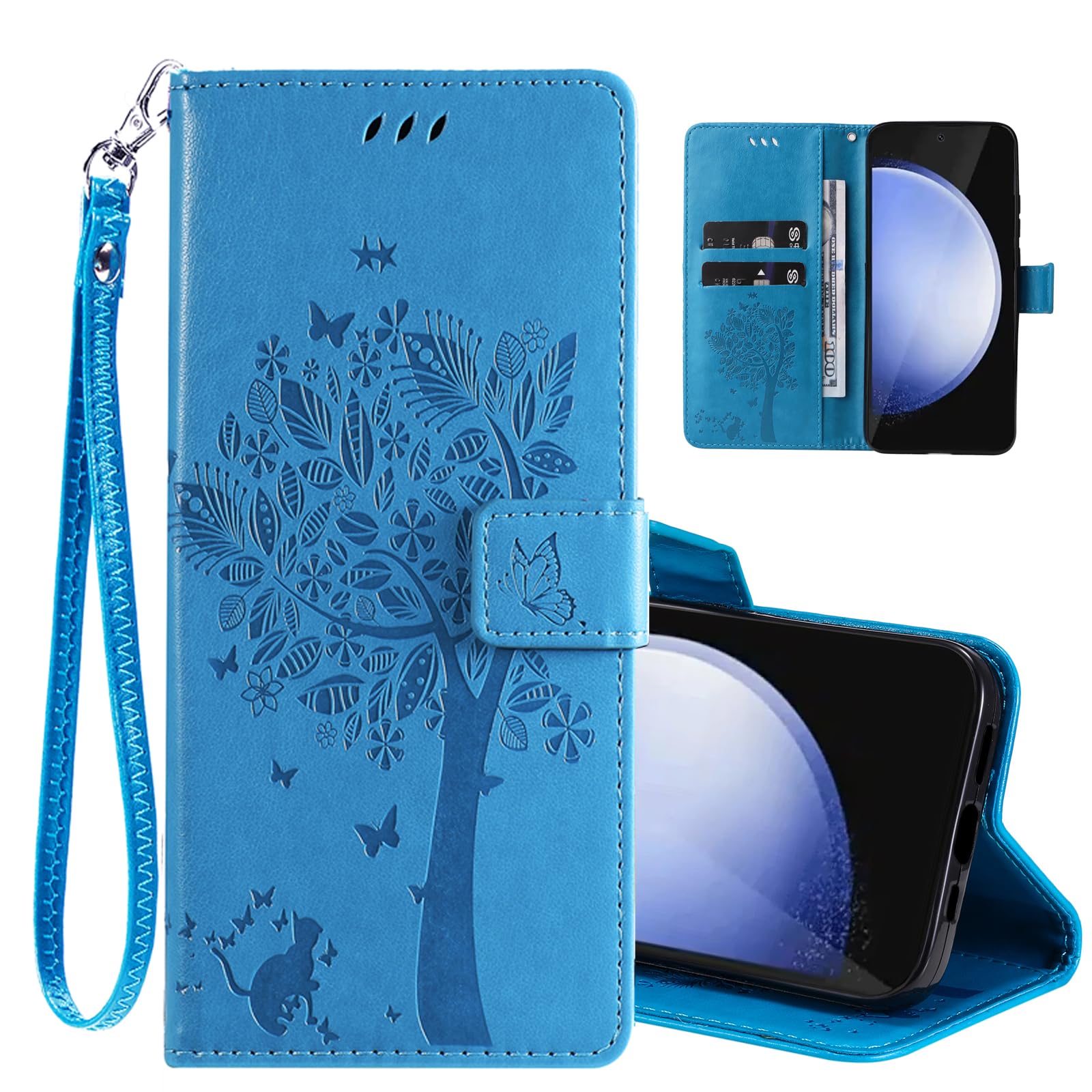 PAOBIR for Samsung Galaxy S24 FE Case Wallet for Women Man,PU Leather Tree Cat Flowers Embossed Wrist Strap Card Slots Pocket Kickstand Flip