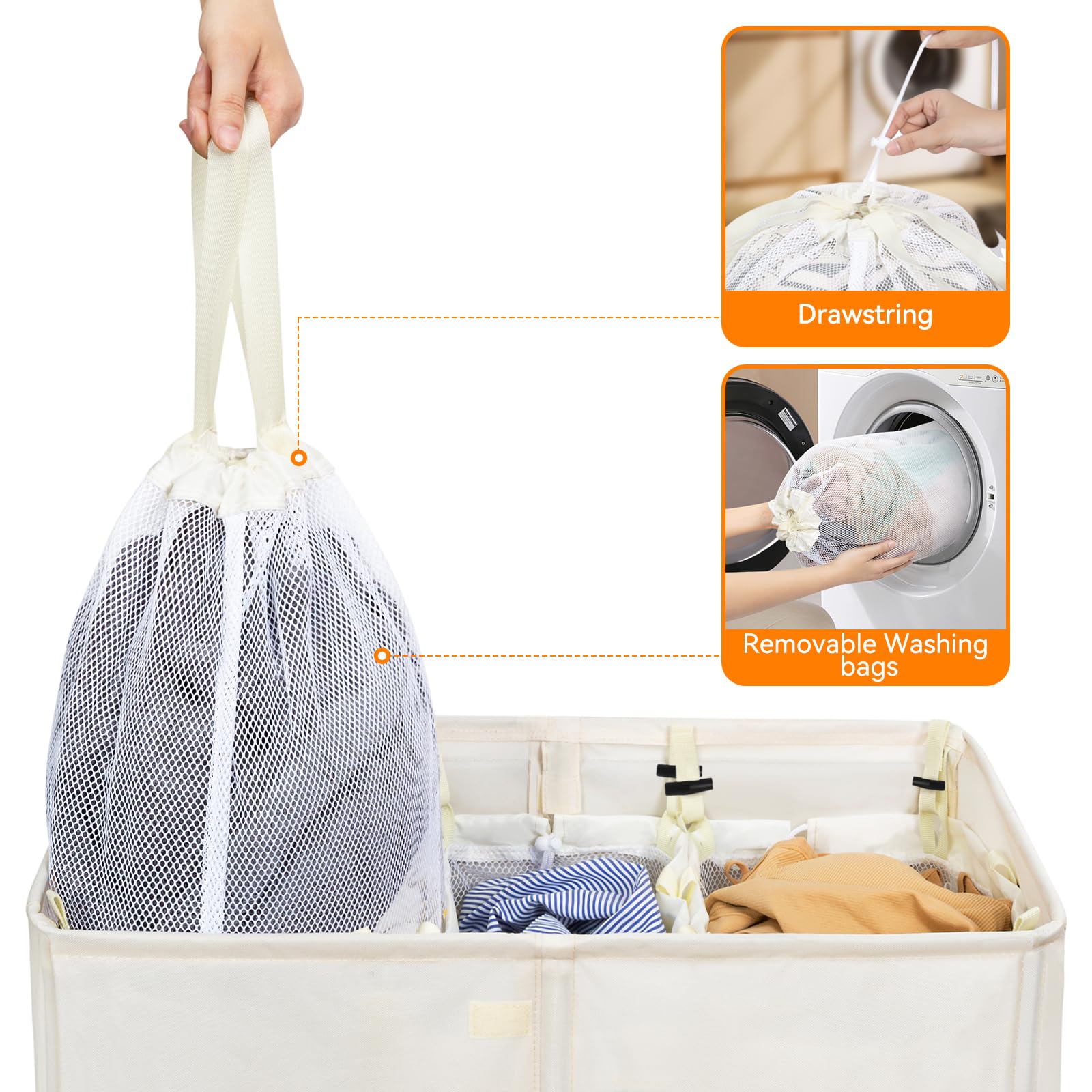WOWLIVE Wäschekorb mit Deckel, 180 l, großer Wäschekorb, 3 Abschnitte mit abnehmbaren Waschbeuteln, faltbar, wasserdicht, schmutziger Wäschekorb für Waschküche, Badezimmer, Schlafsaal, Beige