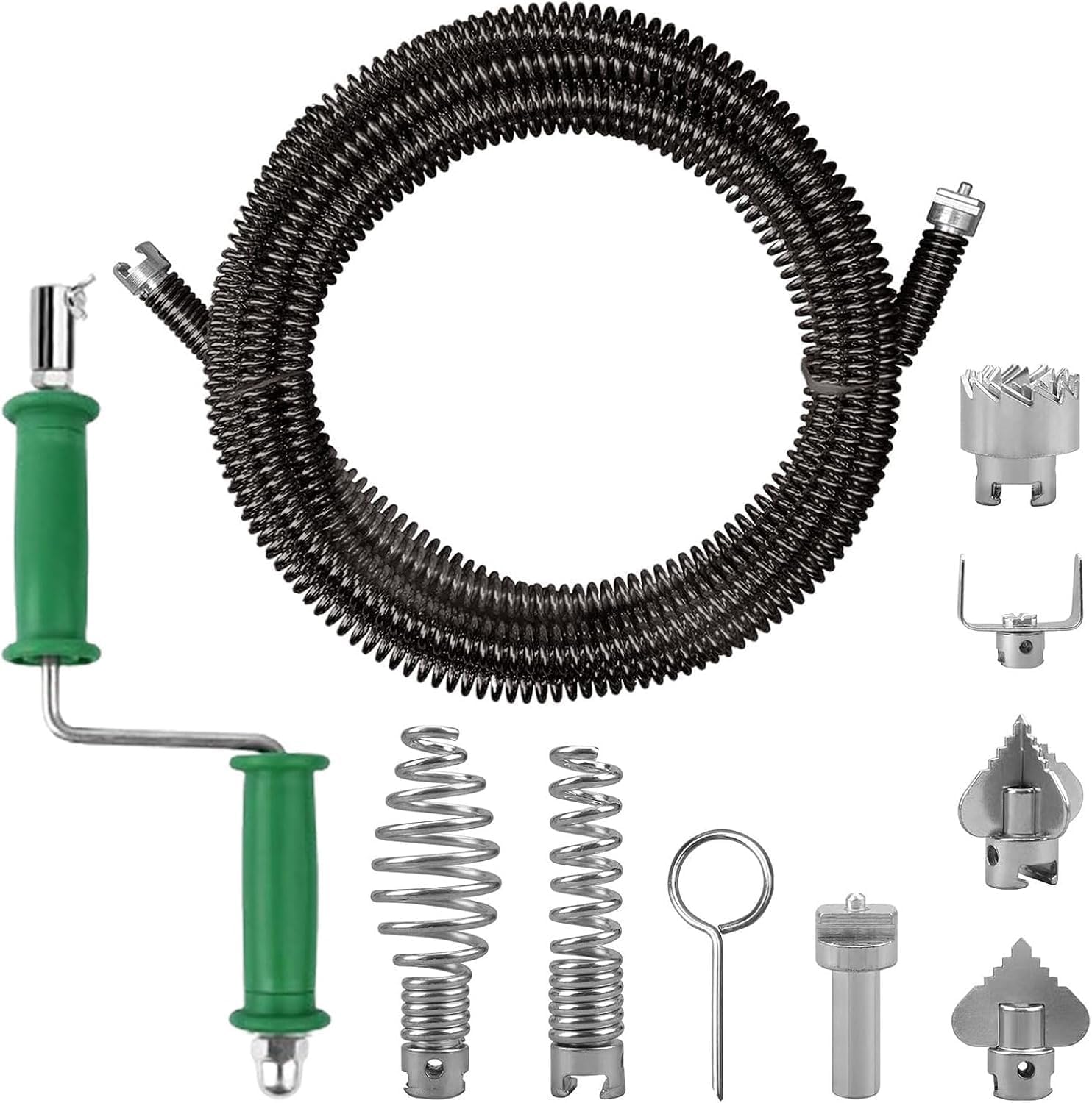 Abflussreiniger Spirale, 5m Spirale Abfluss Rohrreinigung Ø 12mm aus Federstahl, Rohrreinigungsspirale mit 6 Stück Abflussreiniger Schneidkopf und 1 Manuellen Adaptern, für Waschbecken, Bad, Küche