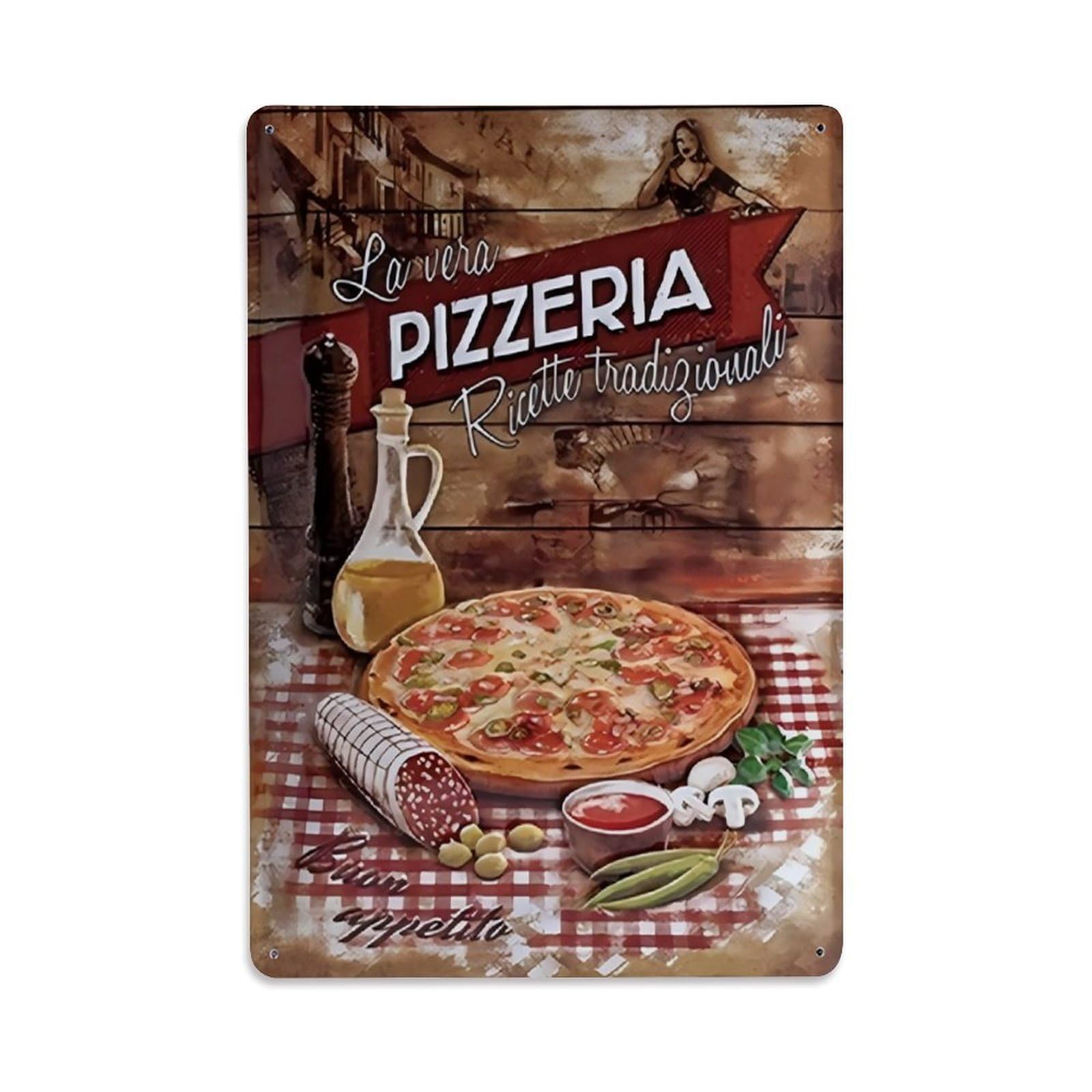 Italian Traditional Pizzeria Vintage Food Decor Sign Vintage Aluminium Metal Sign, Retro Wall Decor for Home, Bar, Garage & Farmhouse 30x20cm