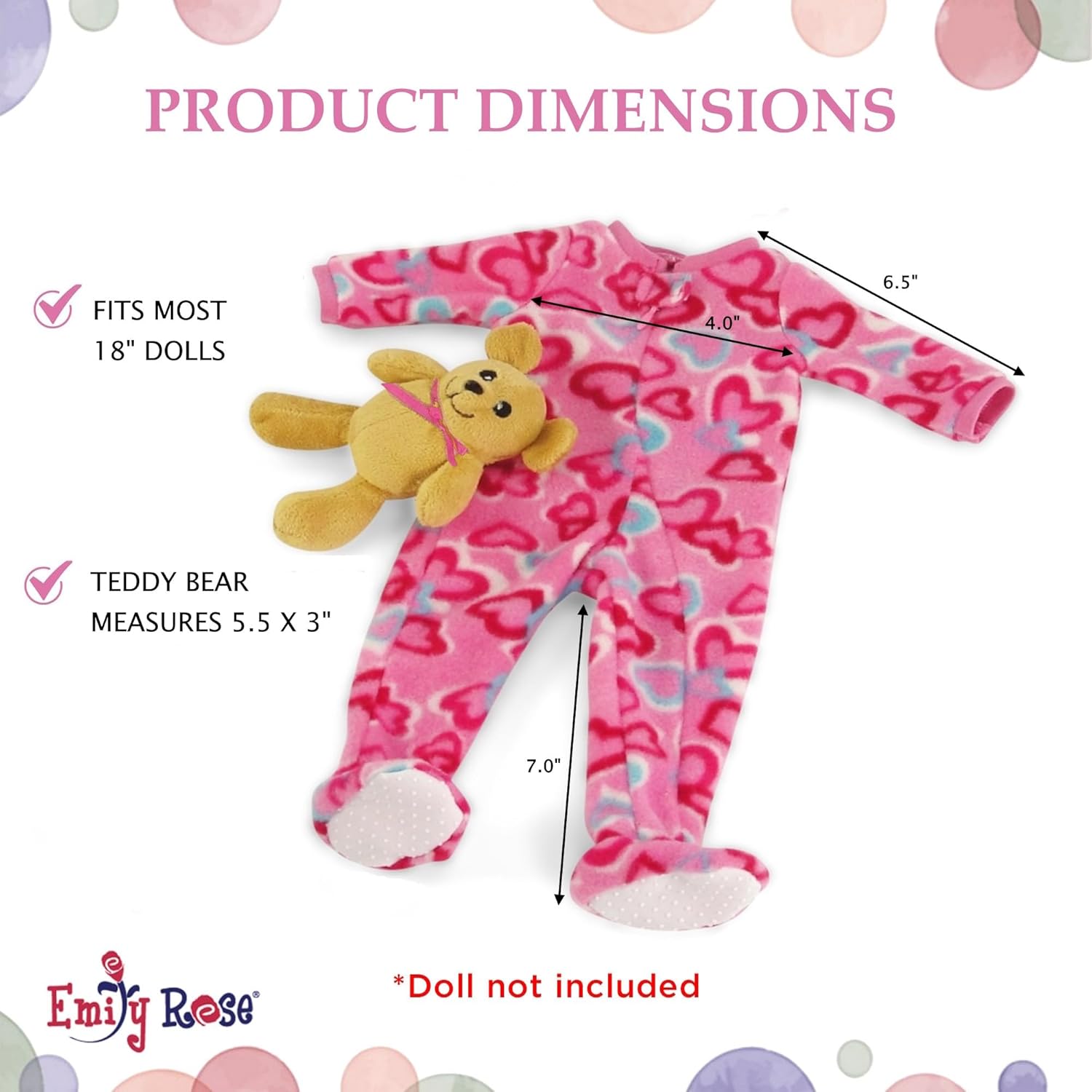 18 Inch Doll Pajamas Set Pink Heart Onesie PJ Outfit – Emily Rose Doll Sleeping Outfit with Teddy Bear Companion – Doll NOT Included – Fits American Girl Our Generation